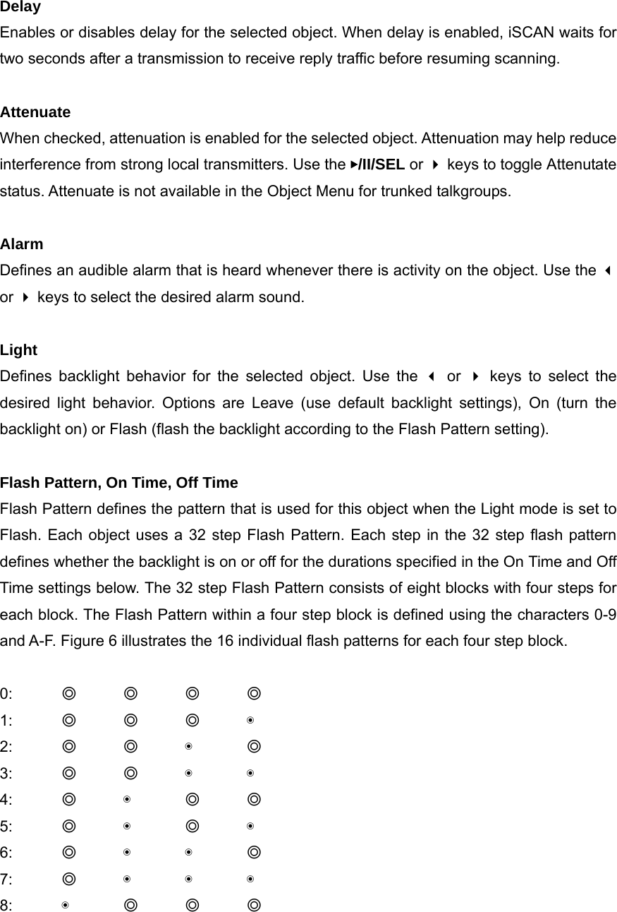  Delay Enables or disables delay for the selected object. When delay is enabled, iSCAN waits for two seconds after a transmission to receive reply traffic before resuming scanning.  Attenuate When checked, attenuation is enabled for the selected object. Attenuation may help reduce interference from strong local transmitters. Use the ▶/II/SEL or  keys to toggle Attenutate status. Attenuate is not available in the Object Menu for trunked talkgroups.  Alarm Defines an audible alarm that is heard whenever there is activity on the object. Use the  or  keys to select the desired alarm sound.  Light Defines backlight behavior for the selected object. Use the  or  keys to select the desired light behavior. Options are Leave (use default backlight settings), On (turn the backlight on) or Flash (flash the backlight according to the Flash Pattern setting).  Flash Pattern, On Time, Off Time Flash Pattern defines the pattern that is used for this object when the Light mode is set to Flash. Each object uses a 32 step Flash Pattern. Each step in the 32 step flash pattern defines whether the backlight is on or off for the durations specified in the On Time and Off Time settings below. The 32 step Flash Pattern consists of eight blocks with four steps for each block. The Flash Pattern within a four step block is defined using the characters 0-9 and A-F. Figure 6 illustrates the 16 individual flash patterns for each four step block.  0:  ◎ ◎ ◎ ◎ 1:  ◎ ◎ ◎ ◉ 2:  ◎ ◎ ◉ ◎ 3:  ◎ ◎ ◉ ◉ 4:  ◎ ◉ ◎ ◎ 5:  ◎ ◉ ◎ ◉ 6:  ◎ ◉ ◉ ◎ 7:  ◎ ◉ ◉ ◉ 8:  ◉ ◎ ◎ ◎ 