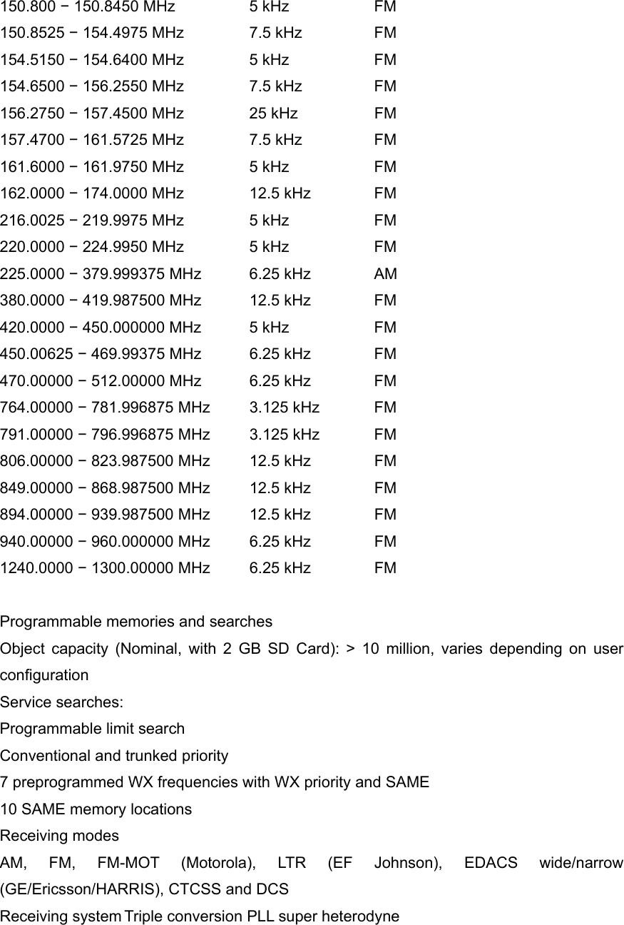 150.800 &minus; 150.8450 MHz    5 kHz    FM 150.8525 &minus; 154.4975 MHz   7.5 kHz    FM 154.5150 &minus; 154.6400 MHz   5 kHz    FM 154.6500 &minus; 156.2550 MHz   7.5 kHz    FM 156.2750 &minus; 157.4500 MHz   25 kHz    FM 157.4700 &minus; 161.5725 MHz   7.5 kHz    FM 161.6000 &minus; 161.9750 MHz   5 kHz    FM 162.0000 &minus; 174.0000 MHz    12.5 kHz   FM 216.0025 &minus; 219.9975 MHz   5 kHz    FM 220.0000 &minus; 224.9950 MHz   5 kHz    FM 225.0000 &minus; 379.999375 MHz  6.25 kHz   AM 380.0000 &minus; 419.987500 MHz  12.5 kHz   FM 420.0000 &minus; 450.000000 MHz  5 kHz    FM 450.00625 &minus; 469.99375 MHz  6.25 kHz   FM 470.00000 &minus; 512.00000 MHz  6.25 kHz   FM 764.00000 &minus; 781.996875 MHz  3.125 kHz  FM 791.00000 &minus; 796.996875 MHz  3.125 kHz  FM 806.00000 &minus; 823.987500 MHz  12.5 kHz   FM 849.00000 &minus; 868.987500 MHz  12.5 kHz   FM 894.00000 &minus; 939.987500 MHz  12.5 kHz   FM 940.00000 &minus; 960.000000 MHz  6.25 kHz   FM 1240.0000 &minus; 1300.00000 MHz  6.25 kHz   FM  Programmable memories and searches Object capacity (Nominal, with 2 GB SD Card): > 10 million, varies depending on user configuration Service searches: Programmable limit search Conventional and trunked priority 7 preprogrammed WX frequencies with WX priority and SAME 10 SAME memory locations Receiving modes AM, FM, FM-MOT (Motorola), LTR (EF Johnson), EDACS wide/narrow (GE/Ericsson/HARRIS), CTCSS and DCS Receiving system Triple conversion PLL super heterodyne  