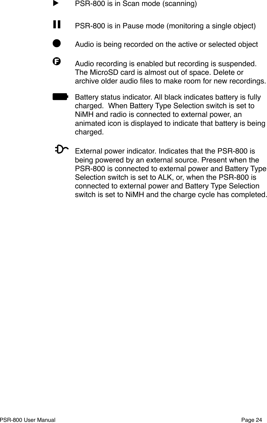 ▶"PSR-800 is in Scan mode (scanning)II  PSR-800 is in Pause mode (monitoring a single object)"Audio is being recorded on the active or selected object F"Audio recording is enabled but recording is suspended. The MicroSD card is almost out of space. Delete or archive older audio ﬁles to make room for new recordings. "Battery status indicator. All black indicates battery is fully charged.  When Battery Type Selection switch is set to NiMH and radio is connected to external power, an animated icon is displayed to indicate that battery is being charged."External power indicator. Indicates that the PSR-800 is being powered by an external source. Present when the PSR-800 is connected to external power and Battery Type Selection switch is set to ALK, or, when the PSR-800 is connected to external power and Battery Type Selection switch is set to NiMH and the charge cycle has completed.PSR-800 User Manual!Page 24