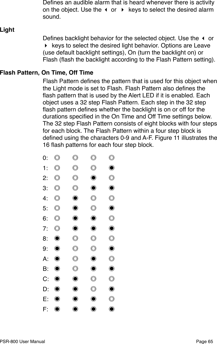 Deﬁnes an audible alarm that is heard whenever there is activity on the object. Use the  or  keys to select the desired alarm sound.LightDeﬁnes backlight behavior for the selected object. Use the  or  keys to select the desired light behavior. Options are Leave (use default backlight settings), On (turn the backlight on) or Flash (ﬂash the backlight according to the Flash Pattern setting). Flash Pattern, On Time, Off TimeFlash Pattern deﬁnes the pattern that is used for this object when the Light mode is set to Flash. Flash Pattern also deﬁnes the ﬂash pattern that is used by the Alert LED if it is enabled. Each object uses a 32 step Flash Pattern. Each step in the 32 step ﬂash pattern deﬁnes whether the backlight is on or off for the durations speciﬁed in the On Time and Off Time settings below. The 32 step Flash Pattern consists of eight blocks with four steps for each block. The Flash Pattern within a four step block is deﬁned using the characters 0-9 and A-F. Figure 11 illustrates the 16 ﬂash patterns for each four step block. 0:"◎"◎"◎"◎1:"◎"◎"◎"◉2:"◎"◎"◉"◎3:"◎"◎"◉"◉4:"◎"◉"◎"◎5:"◎"◉"◎"◉6:"◎"◉"◉"◎7:"◎"◉"◉"◉8:"◉"◎"◎"◎9:"◉"◎"◎"◉A:"◉"◎"◉"◎B:"◉"◎"◉"◉C:"◉"◉"◎"◎D:"◉"◉"◎"◉E:"◉"◉"◉"◎F:"◉"◉"◉"◉PSR-800 User Manual!Page 65