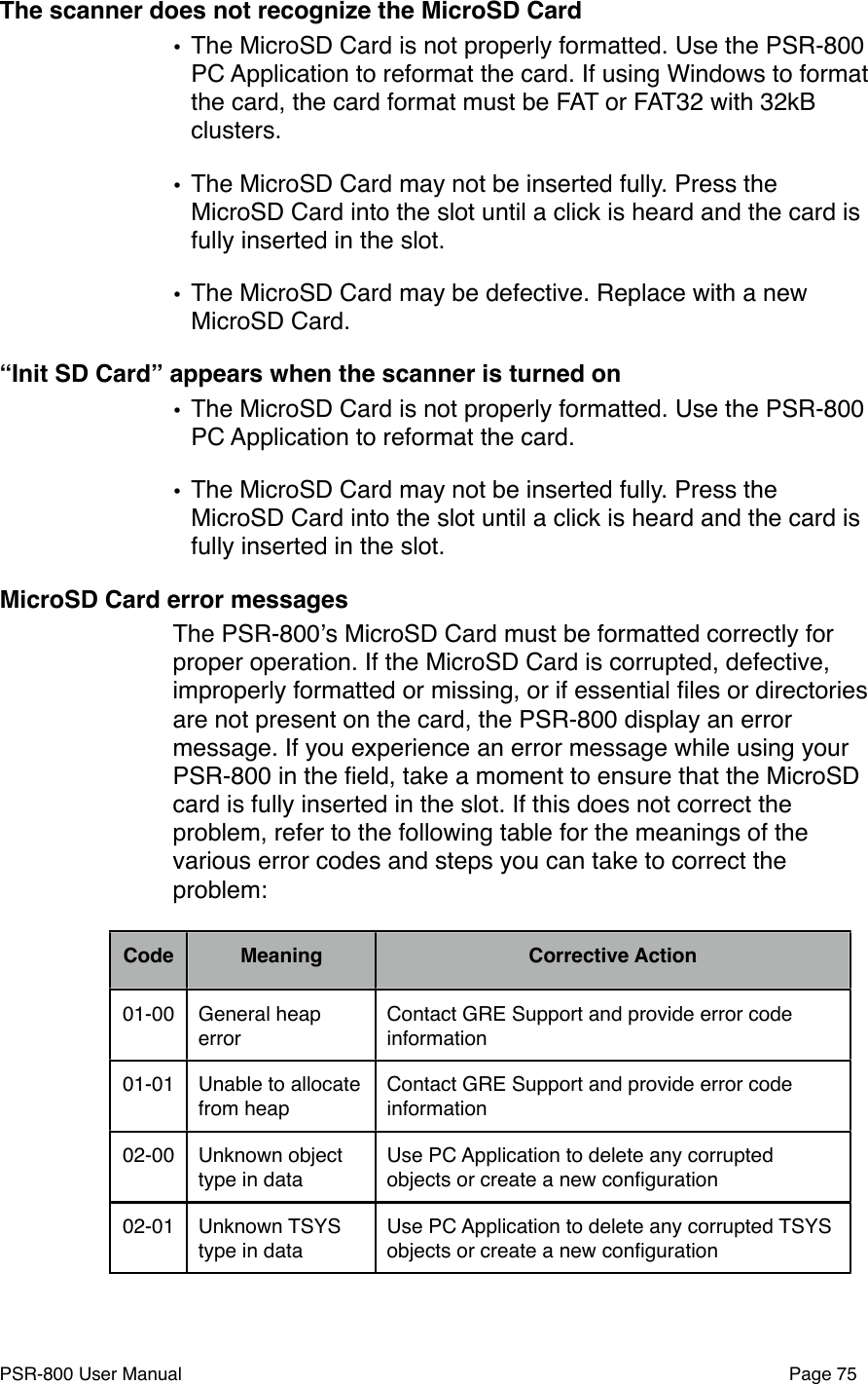 The scanner does not recognize the MicroSD Card&bull;The MicroSD Card is not properly formatted. Use the PSR-800 PC Application to reformat the card. If using Windows to format the card, the card format must be FAT or FAT32 with 32kB clusters. &bull;The MicroSD Card may not be inserted fully. Press the MicroSD Card into the slot until a click is heard and the card is fully inserted in the slot.&bull;The MicroSD Card may be defective. Replace with a new MicroSD Card.&ldquo;Init SD Card&rdquo; appears when the scanner is turned on&bull;The MicroSD Card is not properly formatted. Use the PSR-800 PC Application to reformat the card.&bull;The MicroSD Card may not be inserted fully. Press the MicroSD Card into the slot until a click is heard and the card is fully inserted in the slot. MicroSD Card error messagesThe PSR-800ʼs MicroSD Card must be formatted correctly for proper operation. If the MicroSD Card is corrupted, defective, improperly formatted or missing, or if essential ﬁles or directories are not present on the card, the PSR-800 display an error message. If you experience an error message while using your PSR-800 in the ﬁeld, take a moment to ensure that the MicroSD card is fully inserted in the slot. If this does not correct the problem, refer to the following table for the meanings of the various error codes and steps you can take to correct the problem:CodeMeaningCorrective Action01-00General heap errorContact GRE Support and provide error code information 01-01Unable to allocate from heapContact GRE Support and provide error code information02-00Unknown object type in dataUse PC Application to delete any corrupted objects or create a new conﬁguration02-01Unknown TSYS type in dataUse PC Application to delete any corrupted TSYS objects or create a new conﬁgurationPSR-800 User Manual!Page 75