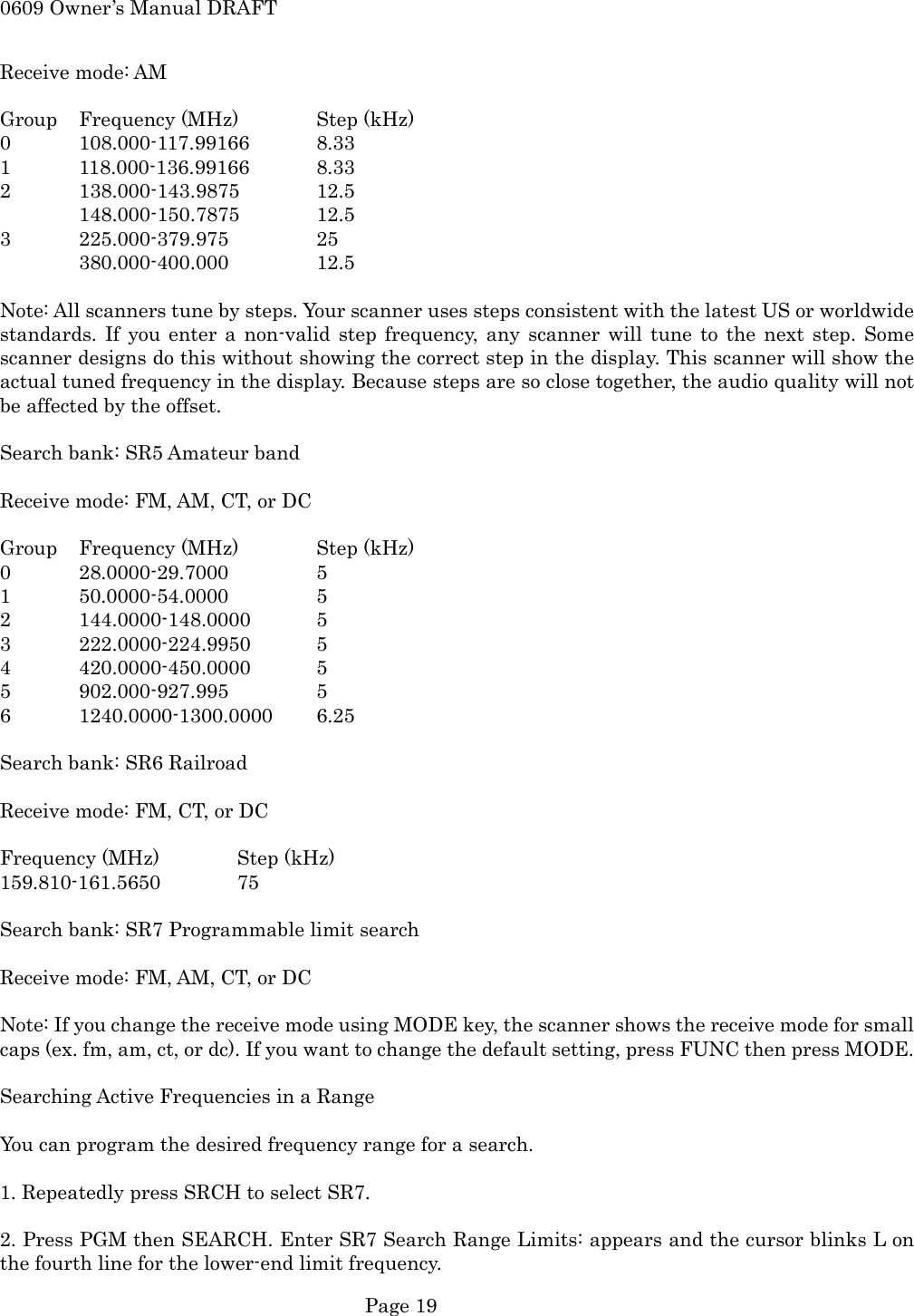 0609 Owner&rsquo;s Manual DRAFT Receive mode: AM  Group  Frequency (MHz)  Step (kHz) 0 108.000-117.99166 8.33 1 118.000-136.99166 8.33 2 138.000-143.9875  12.5  148.000-150.7875 12.5 3 225.000-379.975   25  380.000-400.000  12.5  Note: All scanners tune by steps. Your scanner uses steps consistent with the latest US or worldwide standards. If you enter a non-valid step frequency, any scanner will tune to the next step. Some scanner designs do this without showing the correct step in the display. This scanner will show the actual tuned frequency in the display. Because steps are so close together, the audio quality will not be affected by the offset.  Search bank: SR5 Amateur band  Receive mode: FM, AM, CT, or DC  Group  Frequency (MHz)  Step (kHz) 0 28.0000-29.7000   5 1 50.0000-54.0000   5 2 144.0000-148.0000 5 3 222.0000-224.9950 5 4 420.0000-450.0000 5 5 902.000-927.995   5 6 1240.0000-1300.0000 6.25  Search bank: SR6 Railroad  Receive mode: FM, CT, or DC  Frequency (MHz)  Step (kHz) 159.810-161.5650 75  Search bank: SR7 Programmable limit search  Receive mode: FM, AM, CT, or DC  Note: If you change the receive mode using MODE key, the scanner shows the receive mode for small caps (ex. fm, am, ct, or dc). If you want to change the default setting, press FUNC then press MODE.  Searching Active Frequencies in a Range  You can program the desired frequency range for a search.  1. Repeatedly press SRCH to select SR7.  2. Press PGM then SEARCH. Enter SR7 Search Range Limits: appears and the cursor blinks L on the fourth line for the lower-end limit frequency.  Page 19 