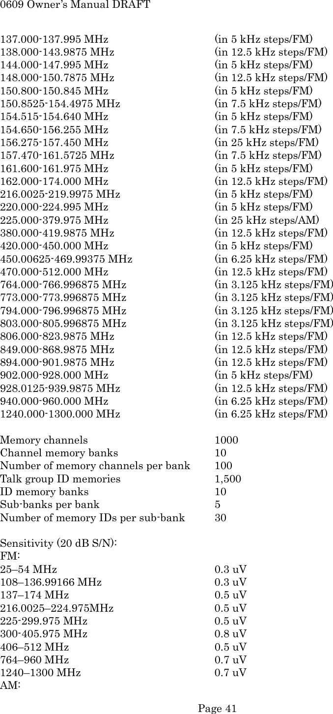 0609 Owner&rsquo;s Manual DRAFT 137.000-137.995 MHz      (in 5 kHz steps/FM) 138.000-143.9875 MHz      (in 12.5 kHz steps/FM) 144.000-147.995 MHz      (in 5 kHz steps/FM) 148.000-150.7875 MHz      (in 12.5 kHz steps/FM) 150.800-150.845 MHz      (in 5 kHz steps/FM) 150.8525-154.4975 MHz      (in 7.5 kHz steps/FM) 154.515-154.640 MHz      (in 5 kHz steps/FM) 154.650-156.255 MHz      (in 7.5 kHz steps/FM) 156.275-157.450 MHz      (in 25 kHz steps/FM) 157.470-161.5725 MHz      (in 7.5 kHz steps/FM) 161.600-161.975 MHz      (in 5 kHz steps/FM) 162.000-174.000 MHz      (in 12.5 kHz steps/FM) 216.0025-219.9975 MHz      (in 5 kHz steps/FM) 220.000-224.995 MHz      (in 5 kHz steps/FM) 225.000-379.975 MHz      (in 25 kHz steps/AM) 380.000-419.9875 MHz      (in 12.5 kHz steps/FM) 420.000-450.000 MHz      (in 5 kHz steps/FM) 450.00625-469.99375 MHz    (in 6.25 kHz steps/FM) 470.000-512.000 MHz      (in 12.5 kHz steps/FM) 764.000-766.996875 MHz     (in 3.125 kHz steps/FM) 773.000-773.996875 MHz     (in 3.125 kHz steps/FM) 794.000-796.996875 MHz     (in 3.125 kHz steps/FM) 803.000-805.996875 MHz     (in 3.125 kHz steps/FM) 806.000-823.9875 MHz      (in 12.5 kHz steps/FM) 849.000-868.9875 MHz      (in 12.5 kHz steps/FM) 894.000-901.9875 MHz      (in 12.5 kHz steps/FM) 902.000-928.000 MHz      (in 5 kHz steps/FM) 928.0125-939.9875 MHz      (in 12.5 kHz steps/FM) 940.000-960.000 MHz      (in 6.25 kHz steps/FM) 1240.000-1300.000 MHz      (in 6.25 kHz steps/FM)  Memory channels      1000 Channel memory banks      10 Number of memory channels per bank  100 Talk group ID memories      1,500 ID memory banks      10 Sub-banks per bank      5 Number of memory IDs per sub-bank  30  Sensitivity (20 dB S/N): FM: 25&ndash;54 MHz    0.3 uV 108&ndash;136.99166 MHz      0.3 uV 137&ndash;174 MHz    0.5 uV 216.0025&ndash;224.975MHz     0.5 uV 225-299.975 MHz      0.5 uV 300-405.975 MHz      0.8 uV 406&ndash;512 MHz    0.5 uV 764&ndash;960 MHz    0.7 uV 1240&ndash;1300 MHz    0.7 uV AM:  Page 41 