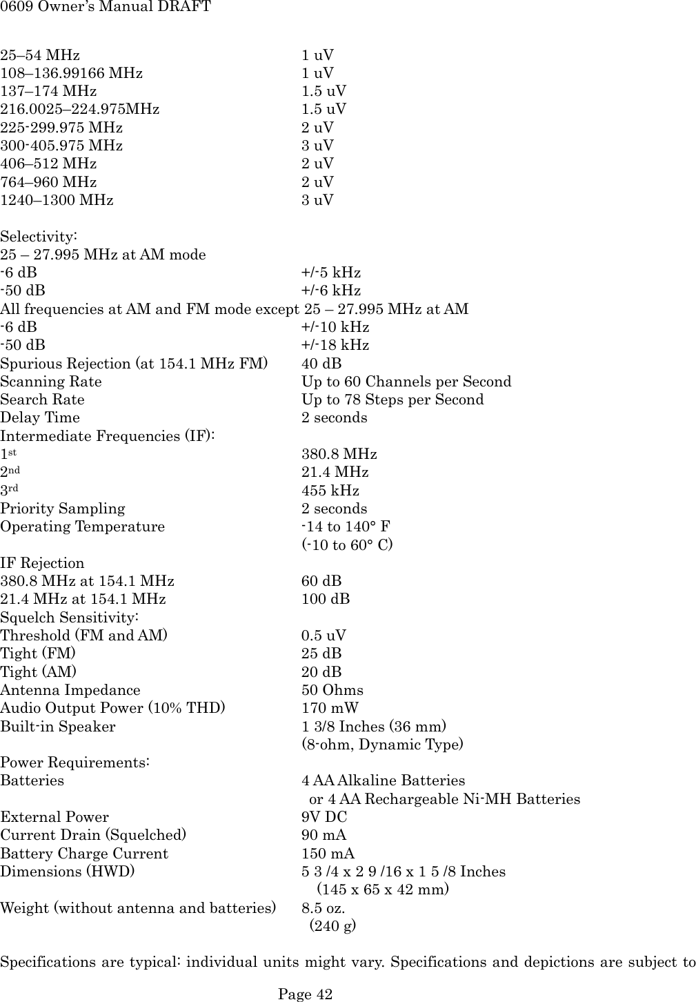 0609 Owner&rsquo;s Manual DRAFT 25&ndash;54 MHz    1 uV 108&ndash;136.99166 MHz      1 uV 137&ndash;174 MHz    1.5 uV 216.0025&ndash;224.975MHz     1.5 uV 225-299.975 MHz      2 uV 300-405.975 MHz      3 uV 406&ndash;512 MHz    2 uV 764&ndash;960 MHz    2 uV 1240&ndash;1300 MHz    3 uV  Selectivity: 25 &ndash; 27.995 MHz at AM mode -6 dB     +/-5 kHz -50 dB     +/-6 kHz All frequencies at AM and FM mode except 25 &ndash; 27.995 MHz at AM -6 dB     +/-10 kHz -50 dB     +/-18 kHz Spurious Rejection (at 154.1 MHz FM)  40 dB Scanning Rate        Up to 60 Channels per Second Search Rate        Up to 78 Steps per Second Delay Time    2 seconds Intermediate Frequencies (IF): 1st     380.8 MHz 2nd     21.4 MHz 3rd     455 kHz Priority Sampling      2 seconds Operating Temperature      -14 to 140&deg; F (-10 to 60&deg; C) IF Rejection 380.8 MHz at 154.1 MHz      60 dB 21.4 MHz at 154.1 MHz      100 dB Squelch Sensitivity: Threshold (FM and AM)      0.5 uV Tight (FM)    25 dB Tight (AM)    20 dB Antenna Impedance      50 Ohms Audio Output Power (10% THD)    170 mW Built-in Speaker       1 3/8 Inches (36 mm) (8-ohm, Dynamic Type) Power Requirements: Batteries    4 AA Alkaline Batteries or 4 AA Rechargeable Ni-MH Batteries External Power    9V DC Current Drain (Squelched)    90 mA Battery Charge Current      150 mA Dimensions (HWD)      5 3 /4 x 2 9 /16 x 1 5 /8 Inches (145 x 65 x 42 mm) Weight (without antenna and batteries)  8.5 oz. (240 g)  Specifications are typical: individual units might vary. Specifications and depictions are subject to  Page 42 