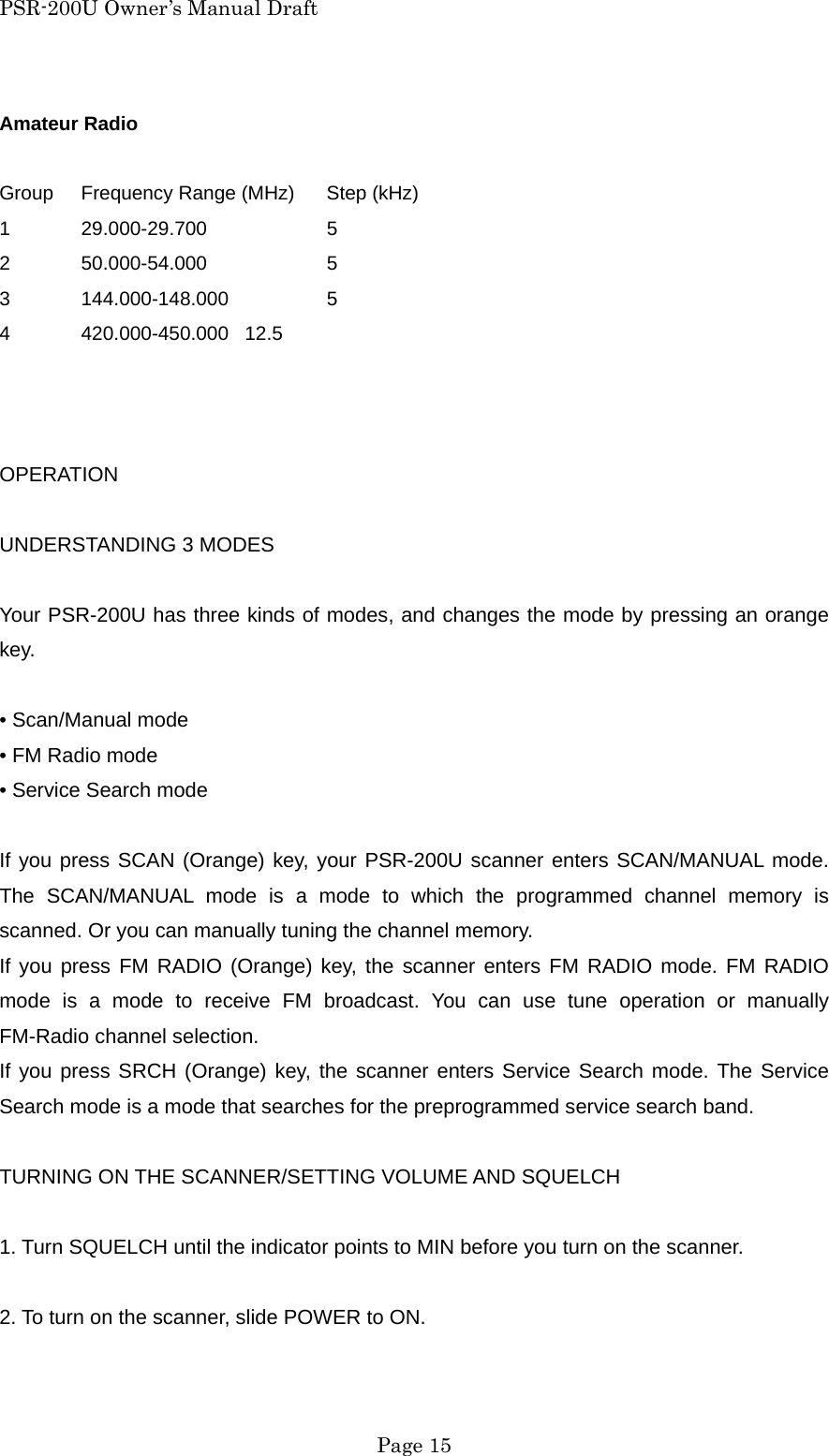 PSR-200U Owner&rsquo;s Manual Draft Amateur Radio  Group  Frequency Range (MHz)  Step (kHz) 1 29.000-29.700   5 2 50.000-54.000   5 3 144.000-148.000   5 4 420.000-450.000 12.5    OPERATION  UNDERSTANDING 3 MODES  Your PSR-200U has three kinds of modes, and changes the mode by pressing an orange key.  &bull; Scan/Manual mode &bull; FM Radio mode &bull; Service Search mode  If you press SCAN (Orange) key, your PSR-200U scanner enters SCAN/MANUAL mode. The SCAN/MANUAL mode is a mode to which the programmed channel memory is scanned. Or you can manually tuning the channel memory. If you press FM RADIO (Orange) key, the scanner enters FM RADIO mode. FM RADIO mode is a mode to receive FM broadcast. You can use tune operation or manually FM-Radio channel selection. If you press SRCH (Orange) key, the scanner enters Service Search mode. The Service Search mode is a mode that searches for the preprogrammed service search band.  TURNING ON THE SCANNER/SETTING VOLUME AND SQUELCH  1. Turn SQUELCH until the indicator points to MIN before you turn on the scanner.  2. To turn on the scanner, slide POWER to ON.   Page 15 