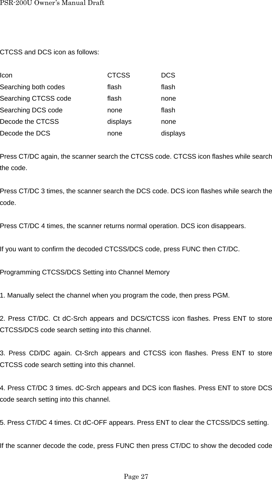 PSR-200U Owner&rsquo;s Manual Draft  CTCSS and DCS icon as follows:  Icon    CTCSS  DCS Searching both codes    flash    flash Searching CTCSS code    flash    none Searching DCS code    none    flash Decode the CTCSS    displays   none Decode the DCS   none  displays  Press CT/DC again, the scanner search the CTCSS code. CTCSS icon flashes while search the code.  Press CT/DC 3 times, the scanner search the DCS code. DCS icon flashes while search the code.  Press CT/DC 4 times, the scanner returns normal operation. DCS icon disappears.  If you want to confirm the decoded CTCSS/DCS code, press FUNC then CT/DC.  Programming CTCSS/DCS Setting into Channel Memory  1. Manually select the channel when you program the code, then press PGM.  2. Press CT/DC. Ct dC-Srch appears and DCS/CTCSS icon flashes. Press ENT to store CTCSS/DCS code search setting into this channel.  3. Press CD/DC again. Ct-Srch appears and CTCSS icon flashes. Press ENT to store CTCSS code search setting into this channel.  4. Press CT/DC 3 times. dC-Srch appears and DCS icon flashes. Press ENT to store DCS code search setting into this channel.  5. Press CT/DC 4 times. Ct dC-OFF appears. Press ENT to clear the CTCSS/DCS setting.  If the scanner decode the code, press FUNC then press CT/DC to show the decoded code  Page 27 