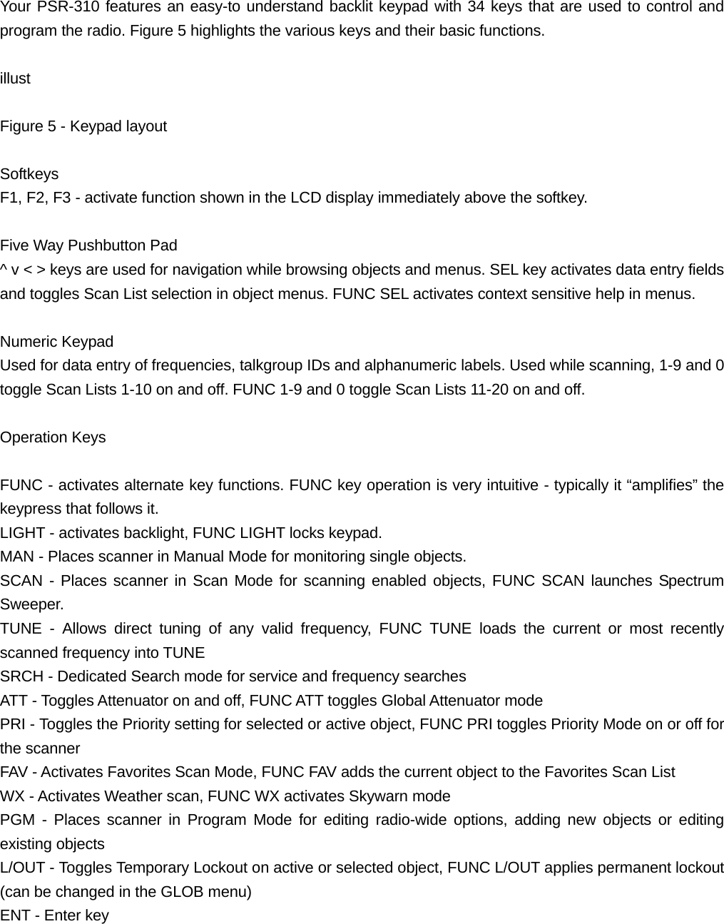  Your PSR-310 features an easy-to understand backlit keypad with 34 keys that are used to control and program the radio. Figure 5 highlights the various keys and their basic functions.  illust  Figure 5 - Keypad layout  Softkeys F1, F2, F3 - activate function shown in the LCD display immediately above the softkey.  Five Way Pushbutton Pad ^ v < > keys are used for navigation while browsing objects and menus. SEL key activates data entry fields and toggles Scan List selection in object menus. FUNC SEL activates context sensitive help in menus.  Numeric Keypad Used for data entry of frequencies, talkgroup IDs and alphanumeric labels. Used while scanning, 1-9 and 0 toggle Scan Lists 1-10 on and off. FUNC 1-9 and 0 toggle Scan Lists 11-20 on and off.  Operation Keys  FUNC - activates alternate key functions. FUNC key operation is very intuitive - typically it &ldquo;amplifies&rdquo; the keypress that follows it. LIGHT - activates backlight, FUNC LIGHT locks keypad. MAN - Places scanner in Manual Mode for monitoring single objects. SCAN - Places scanner in Scan Mode for scanning enabled objects, FUNC SCAN launches Spectrum Sweeper. TUNE - Allows direct tuning of any valid frequency, FUNC TUNE loads the current or most recently scanned frequency into TUNE SRCH - Dedicated Search mode for service and frequency searches ATT - Toggles Attenuator on and off, FUNC ATT toggles Global Attenuator mode PRI - Toggles the Priority setting for selected or active object, FUNC PRI toggles Priority Mode on or off for the scanner FAV - Activates Favorites Scan Mode, FUNC FAV adds the current object to the Favorites Scan List WX - Activates Weather scan, FUNC WX activates Skywarn mode PGM - Places scanner in Program Mode for editing radio-wide options, adding new objects or editing existing objects L/OUT - Toggles Temporary Lockout on active or selected object, FUNC L/OUT applies permanent lockout (can be changed in the GLOB menu) ENT - Enter key 