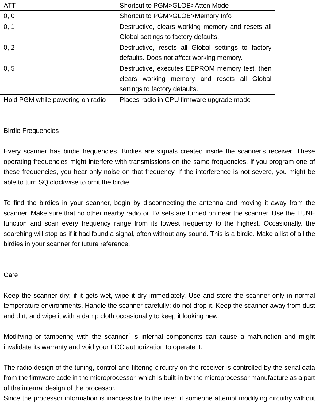 ATT  Shortcut to PGM>GLOB>Atten Mode 0, 0  Shortcut to PGM>GLOB>Memory Info 0, 1  Destructive, clears working memory and resets all Global settings to factory defaults. 0, 2  Destructive, resets all Global settings to factory defaults. Does not affect working memory. 0, 5  Destructive, executes EEPROM memory test, then clears working memory and resets all Global settings to factory defaults. Hold PGM while powering on radio  Places radio in CPU firmware upgrade mode   Birdie Frequencies  Every scanner has birdie frequencies. Birdies are signals created inside the scanner's receiver. These operating frequencies might interfere with transmissions on the same frequencies. If you program one of these frequencies, you hear only noise on that frequency. If the interference is not severe, you might be able to turn SQ clockwise to omit the birdie.  To find the birdies in your scanner, begin by disconnecting the antenna and moving it away from the scanner. Make sure that no other nearby radio or TV sets are turned on near the scanner. Use the TUNE function and scan every frequency range from its lowest frequency to the highest. Occasionally, the searching will stop as if it had found a signal, often without any sound. This is a birdie. Make a list of all the birdies in your scanner for future reference.   Care  Keep the scanner dry; if it gets wet, wipe it dry immediately. Use and store the scanner only in normal temperature environments. Handle the scanner carefully; do not drop it. Keep the scanner away from dust and dirt, and wipe it with a damp cloth occasionally to keep it looking new.  Modifying or tampering with the scanner&rsquo;s internal components can cause a malfunction and might invalidate its warranty and void your FCC authorization to operate it.  The radio design of the tuning, control and filtering circuitry on the receiver is controlled by the serial data from the firmware code in the microprocessor, which is built-in by the microprocessor manufacture as a part of the internal design of the processor. Since the processor information is inaccessible to the user, if someone attempt modifying circuitry without 