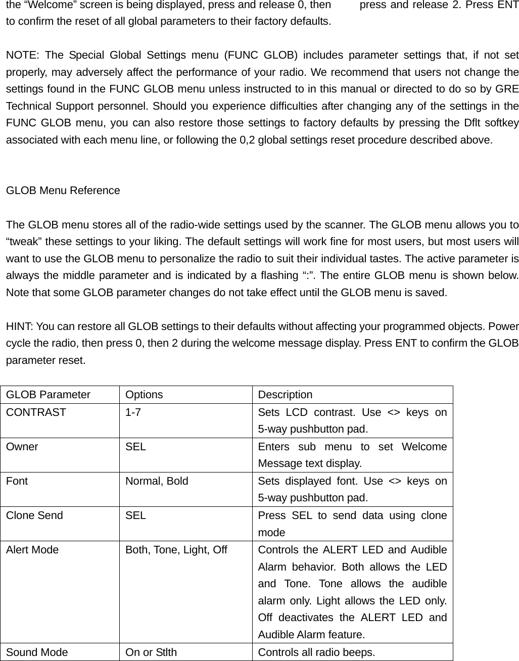 the &ldquo;Welcome&rdquo; screen is being displayed, press and release 0, then   press and release 2. Press ENT to confirm the reset of all global parameters to their factory defaults.  NOTE: The Special Global Settings menu (FUNC GLOB) includes parameter settings that, if not set properly, may adversely affect the performance of your radio. We recommend that users not change the settings found in the FUNC GLOB menu unless instructed to in this manual or directed to do so by GRE Technical Support personnel. Should you experience difficulties after changing any of the settings in the FUNC GLOB menu, you can also restore those settings to factory defaults by pressing the Dflt softkey associated with each menu line, or following the 0,2 global settings reset procedure described above.   GLOB Menu Reference  The GLOB menu stores all of the radio-wide settings used by the scanner. The GLOB menu allows you to &ldquo;tweak&rdquo; these settings to your liking. The default settings will work fine for most users, but most users will want to use the GLOB menu to personalize the radio to suit their individual tastes. The active parameter is always the middle parameter and is indicated by a flashing &ldquo;:&rdquo;. The entire GLOB menu is shown below. Note that some GLOB parameter changes do not take effect until the GLOB menu is saved.  HINT: You can restore all GLOB settings to their defaults without affecting your programmed objects. Power cycle the radio, then press 0, then 2 during the welcome message display. Press ENT to confirm the GLOB parameter reset.  GLOB Parameter  Options  Description CONTRAST  1-7  Sets LCD contrast. Use <> keys on 5-way pushbutton pad. Owner  SEL  Enters sub menu to set Welcome Message text display. Font  Normal, Bold  Sets displayed font. Use <> keys on 5-way pushbutton pad. Clone Send  SEL  Press SEL to send data using clone mode Alert Mode  Both, Tone, Light, Off  Controls the ALERT LED and Audible Alarm behavior. Both allows the LED and Tone. Tone allows the audible alarm only. Light allows the LED only. Off deactivates the ALERT LED and Audible Alarm feature. Sound Mode  On or Stlth  Controls all radio beeps. 
