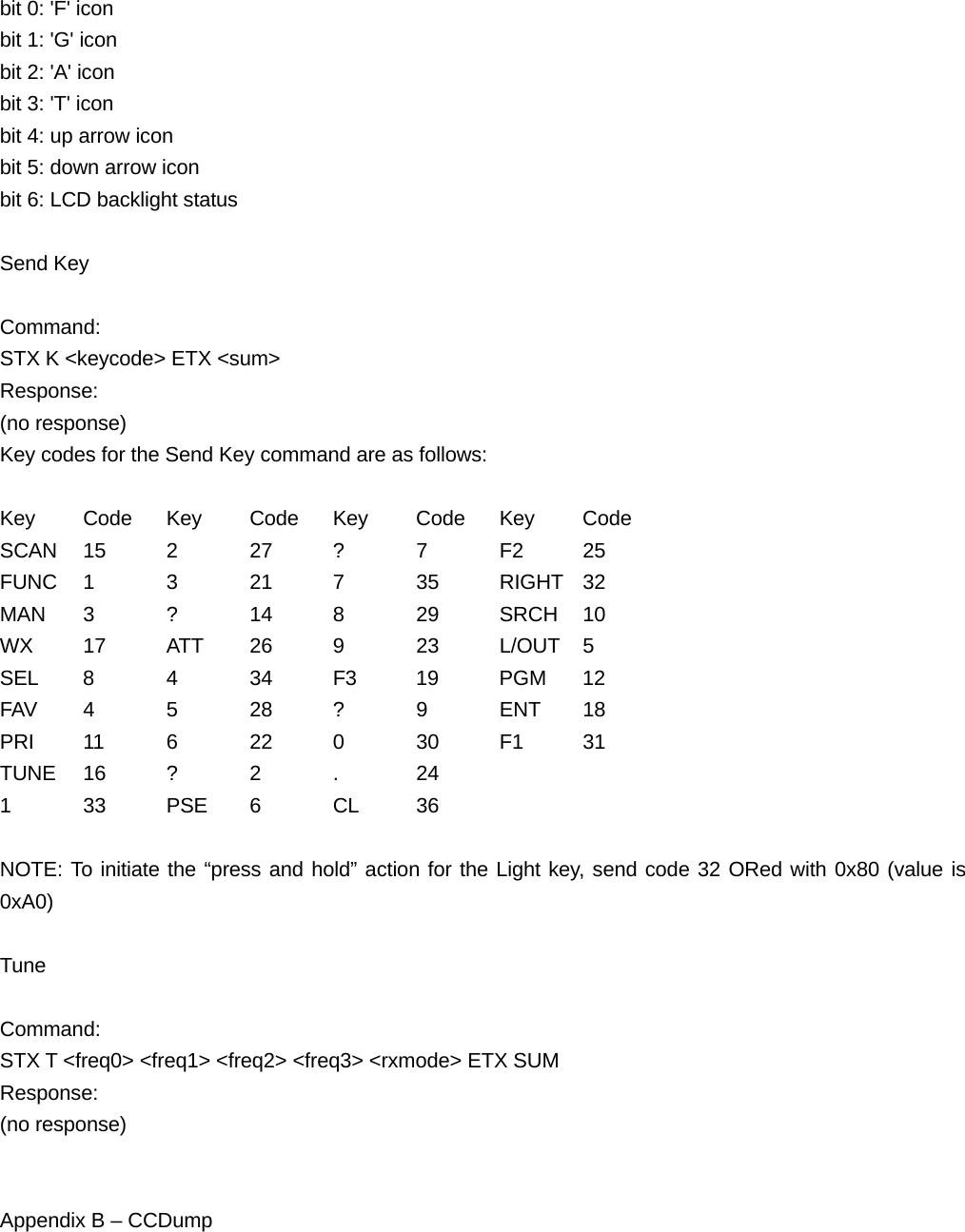 bit 0: 'F' icon bit 1: 'G' icon bit 2: 'A' icon bit 3: 'T' icon bit 4: up arrow icon bit 5: down arrow icon bit 6: LCD backlight status  Send Key  Command: STX K <keycode> ETX <sum> Response: (no response) Key codes for the Send Key command are as follows:  Key Code Key Code Key Code Key Code SCAN 15 2 27 ? 7 F2 25 FUNC 1 3 21 7 35 RIGHT 32 MAN 3 ? 14 8 29 SRCH 10 WX 17 ATT 26 9  23 L/OUT 5 SEL 8 4 34 F3 19 PGM 12 FAV 4 5 28 ? 9 ENT 18 PRI 11 6 22 0 30 F1 31 TUNE 16 ? 2 .  24 1 33 PSE 6 CL 36  NOTE: To initiate the &ldquo;press and hold&rdquo; action for the Light key, send code 32 ORed with 0x80 (value is 0xA0)  Tune  Command: STX T <freq0> <freq1> <freq2> <freq3> <rxmode> ETX SUM Response: (no response)   Appendix B &ndash; CCDump  