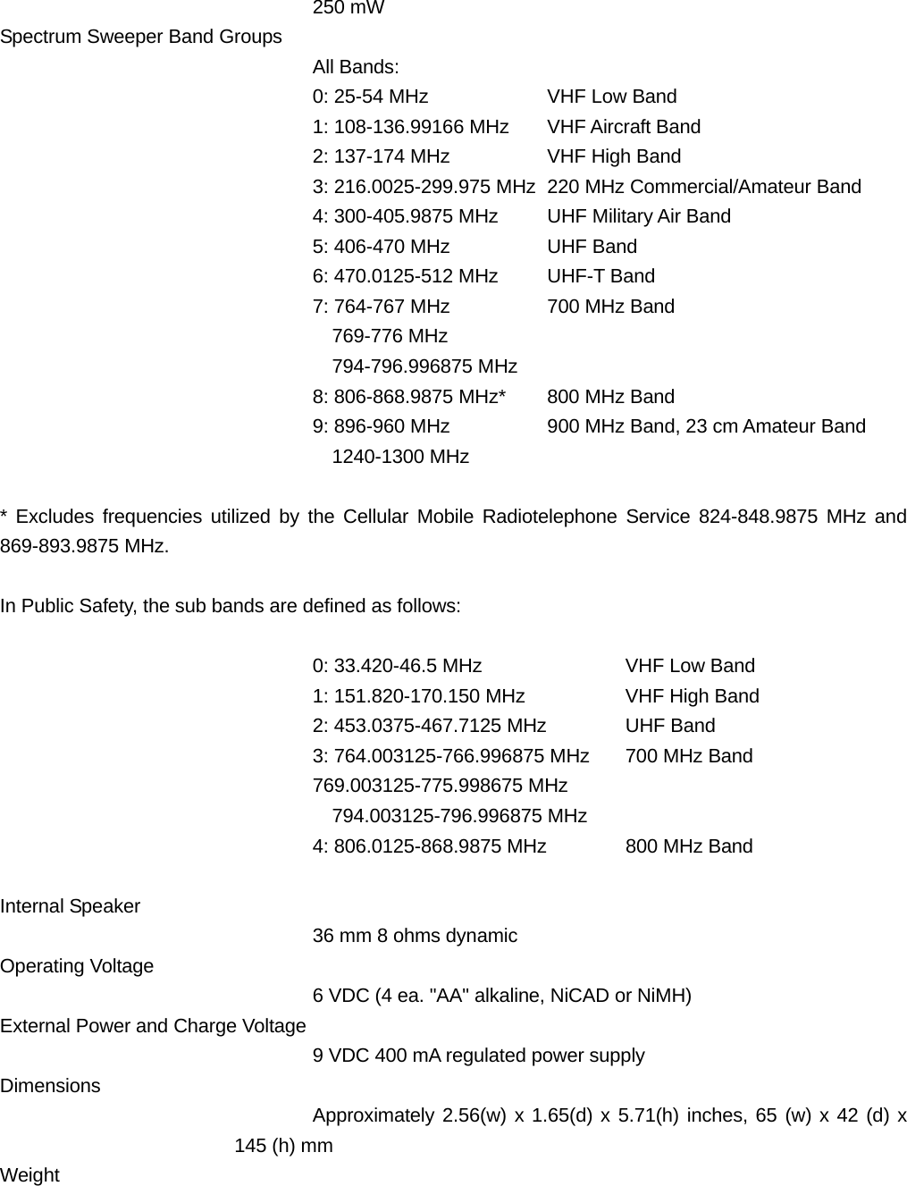 250 mW Spectrum Sweeper Band Groups All Bands: 0: 25-54 MHz    VHF Low Band 1: 108-136.99166 MHz  VHF Aircraft Band 2: 137-174 MHz    VHF High Band 3: 216.0025-299.975 MHz  220 MHz Commercial/Amateur Band 4: 300-405.9875 MHz  UHF Military Air Band 5: 406-470 MHz    UHF Band 6: 470.0125-512 MHz  UHF-T Band 7: 764-767 MHz    700 MHz Band   769-776 MHz   794-796.996875 MHz 8: 806-868.9875 MHz*  800 MHz Band 9: 896-960 MHz      900 MHz Band, 23 cm Amateur Band   1240-1300 MHz  * Excludes frequencies utilized by the Cellular Mobile Radiotelephone Service 824-848.9875 MHz and 869-893.9875 MHz.  In Public Safety, the sub bands are defined as follows:  0: 33.420-46.5 MHz    VHF Low Band 1: 151.820-170.150 MHz    VHF High Band 2: 453.0375-467.7125 MHz   UHF Band 3: 764.003125-766.996875 MHz  700 MHz Band 769.003125-775.998675 MHz   794.003125-796.996875 MHz 4: 806.0125-868.9875 MHz   800 MHz Band  Internal Speaker 36 mm 8 ohms dynamic Operating Voltage 6 VDC (4 ea. "AA" alkaline, NiCAD or NiMH) External Power and Charge Voltage 9 VDC 400 mA regulated power supply Dimensions Approximately 2.56(w) x 1.65(d) x 5.71(h) inches, 65 (w) x 42 (d) x 145 (h) mm Weight 