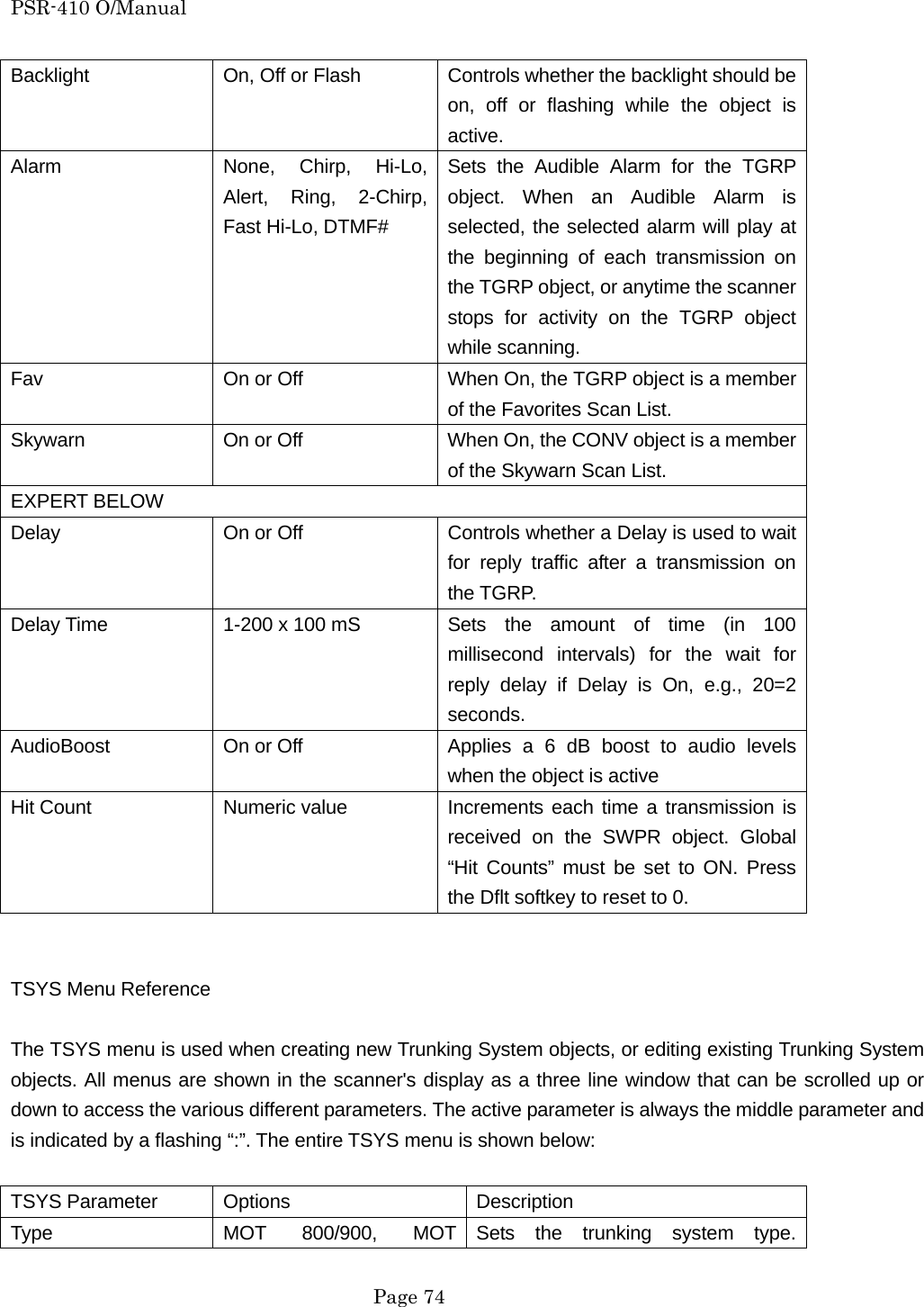 PSR-410 O/Manual Backlight  On, Off or Flash  Controls whether the backlight should be on, off or flashing while the object is active. Alarm  None, Chirp, Hi-Lo, Alert, Ring, 2-Chirp, Fast Hi-Lo, DTMF# Sets the Audible Alarm for the TGRP object. When an Audible Alarm is selected, the selected alarm will play at the beginning of each transmission on the TGRP object, or anytime the scanner stops for activity on the TGRP object while scanning. Fav  On or Off  When On, the TGRP object is a member of the Favorites Scan List. Skywarn  On or Off  When On, the CONV object is a member of the Skywarn Scan List. EXPERT BELOW Delay  On or Off  Controls whether a Delay is used to wait for reply traffic after a transmission on the TGRP. Delay Time  1-200 x 100 mS  Sets the amount of time (in 100 millisecond intervals) for the wait for reply delay if Delay is On, e.g., 20=2 seconds. AudioBoost  On or Off  Applies a 6 dB boost to audio levels when the object is active Hit Count  Numeric value  Increments each time a transmission is received on the SWPR object. Global &ldquo;Hit Counts&rdquo; must be set to ON. Press the Dflt softkey to reset to 0.   TSYS Menu Reference  The TSYS menu is used when creating new Trunking System objects, or editing existing Trunking System objects. All menus are shown in the scanner's display as a three line window that can be scrolled up or down to access the various different parameters. The active parameter is always the middle parameter and is indicated by a flashing &ldquo;:&rdquo;. The entire TSYS menu is shown below:  TSYS Parameter  Options  Description Type  MOT 800/900, MOT Sets the trunking system type.  Page 74 