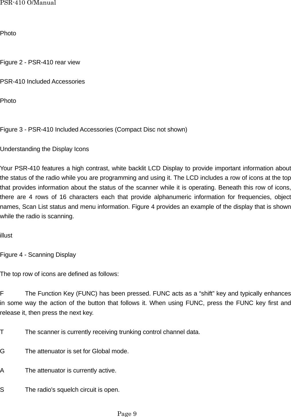 PSR-410 O/Manual  Photo   Figure 2 - PSR-410 rear view  PSR-410 Included Accessories  Photo   Figure 3 - PSR-410 Included Accessories (Compact Disc not shown)  Understanding the Display Icons  Your PSR-410 features a high contrast, white backlit LCD Display to provide important information about the status of the radio while you are programming and using it. The LCD includes a row of icons at the top that provides information about the status of the scanner while it is operating. Beneath this row of icons, there are 4 rows of 16 characters each that provide alphanumeric information for frequencies, object names, Scan List status and menu information. Figure 4 provides an example of the display that is shown while the radio is scanning.  illust  Figure 4 - Scanning Display  The top row of icons are defined as follows:  F  The Function Key (FUNC) has been pressed. FUNC acts as a &ldquo;shift&rdquo; key and typically enhances in some way the action of the button that follows it. When using FUNC, press the FUNC key first and release it, then press the next key.  T  The scanner is currently receiving trunking control channel data.  G  The attenuator is set for Global mode.  A  The attenuator is currently active.  S  The radio's squelch circuit is open.   Page 9 