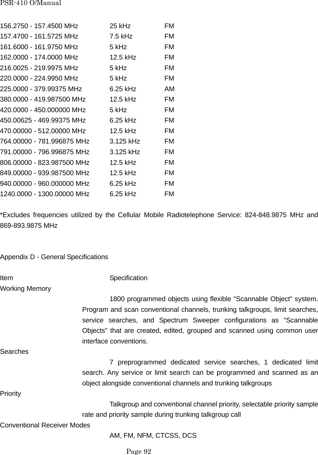 PSR-410 O/Manual 156.2750 - 157.4500 MHz    25 kHz    FM 157.4700 - 161.5725 MHz    7.5 kHz    FM 161.6000 - 161.9750 MHz    5 kHz    FM 162.0000 - 174.0000 MHz     12.5 kHz   FM 216.0025 - 219.9975 MHz    5 kHz    FM 220.0000 - 224.9950 MHz    5 kHz    FM 225.0000 - 379.99375 MHz   6.25 kHz   AM 380.0000 - 419.987500 MHz  12.5 kHz   FM 420.0000 - 450.000000 MHz  5 kHz    FM 450.00625 - 469.99375 MHz  6.25 kHz   FM 470.00000 - 512.00000 MHz  12.5 kHz   FM 764.00000 - 781.996875 MHz  3.125 kHz  FM 791.00000 - 796.996875 MHz  3.125 kHz  FM 806.00000 - 823.987500 MHz  12.5 kHz   FM 849.00000 - 939.987500 MHz  12.5 kHz   FM 940.00000 - 960.000000 MHz  6.25 kHz   FM 1240.0000 - 1300.00000 MHz  6.25 kHz   FM  *Excludes frequencies utilized by the Cellular Mobile Radiotelephone Service: 824-848.9875 MHz and 869-893.9875 MHz   Appendix D - General Specifications  Item    Specification Working Memory 1800 programmed objects using flexible "Scannable Object" system. Program and scan conventional channels, trunking talkgroups, limit searches, service searches, and Spectrum Sweeper configurations as "Scannable Objects" that are created, edited, grouped and scanned using common user interface conventions. Searches 7 preprogrammed dedicated service searches, 1 dedicated limit search. Any service or limit search can be programmed and scanned as an object alongside conventional channels and trunking talkgroups Priority Talkgroup and conventional channel priority, selectable priority sample rate and priority sample during trunking talkgroup call Conventional Receiver Modes AM, FM, NFM, CTCSS, DCS  Page 92 