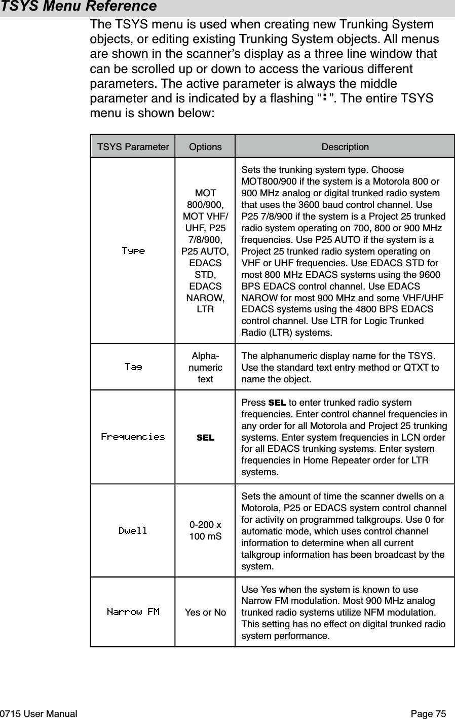 TSYS Menu ReferenceThe TSYS menu is used when creating new Trunking System objects, or editing existing Trunking System objects. All menus are shown in the scanner!s display as a three line window that can be scrolled up or down to access the various different parameters. The active parameter is always the middle parameter and is indicated by a ﬂashing &ldquo;:&rdquo;. The entire TSYS menu is shown below:TSYS ParameterOptionsDescriptionTypeMOT 800/900, MOT VHF/UHF, P25 7/8/900, P25 AUTO, EDACS STD, EDACS NAROW, LTRSets the trunking system type. Choose MOT800/900 if the system is a Motorola 800 or 900 MHz analog or digital trunked radio system that uses the 3600 baud control channel. Use P25 7/8/900 if the system is a Project 25 trunked radio system operating on 700, 800 or 900 MHz frequencies. Use P25 AUTO if the system is a Project 25 trunked radio system operating on VHF or UHF frequencies. Use EDACS STD for most 800 MHz EDACS systems using the 9600 BPS EDACS control channel. Use EDACS NAROW for most 900 MHz and some VHF/UHF EDACS systems using the 4800 BPS EDACS control channel. Use LTR for Logic Trunked Radio (LTR) systems.TagAlpha-numeric textThe alphanumeric display name for the TSYS. Use the standard text entry method or QTXT to name the object.Frequencies SELPress SEL to enter trunked radio system frequencies. Enter control channel frequencies in any order for all Motorola and Project 25 trunking systems. Enter system frequencies in LCN order for all EDACS trunking systems. Enter system frequencies in Home Repeater order for LTR systems. Dwell 0-200 x 100 mS Sets the amount of time the scanner dwells on a Motorola, P25 or EDACS system control channel for activity on programmed talkgroups. Use 0 for automatic mode, which uses control channel information to determine when all current talkgroup information has been broadcast by the system. Narrow FM Yes or NoUse Yes when the system is known to use Narrow FM modulation. Most 900 MHz analog trunked radio systems utilize NFM modulation. This setting has no effect on digital trunked radio system performance.0715 User Manual"Page 75