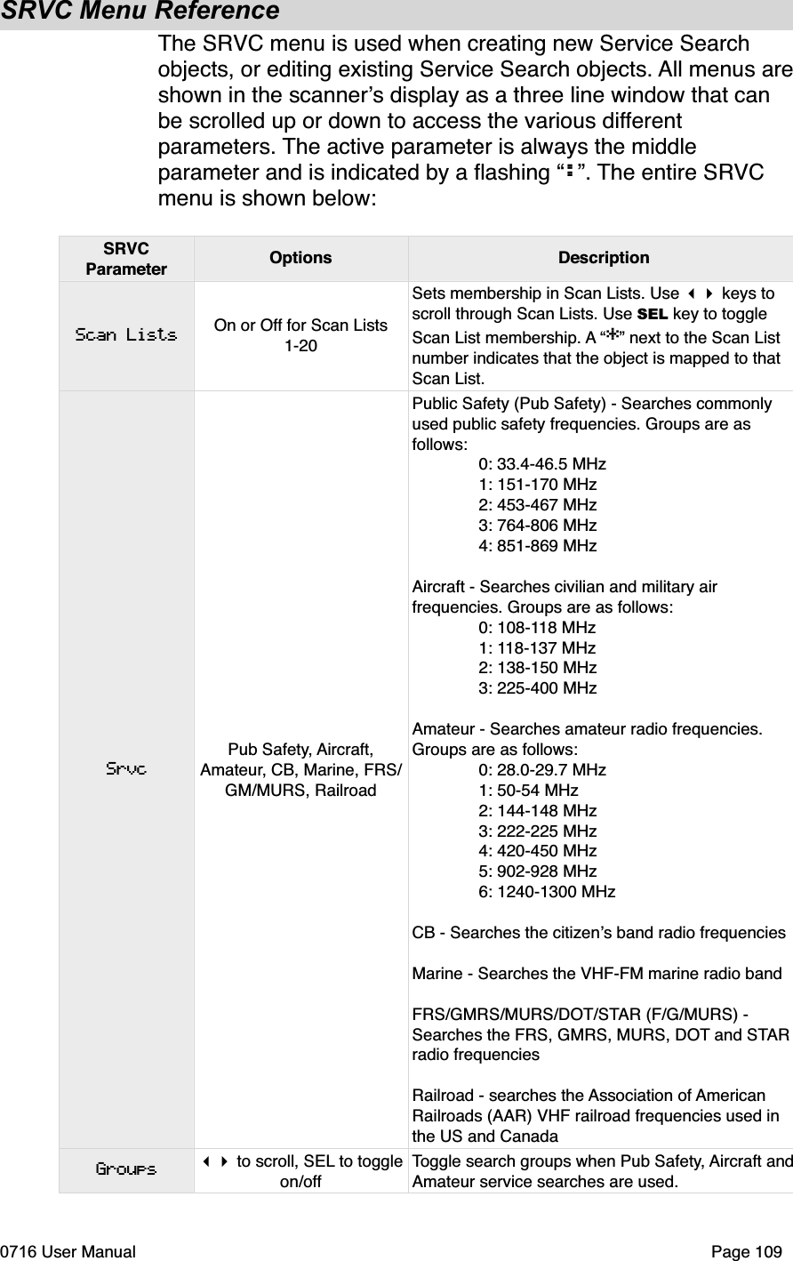 SRVC Menu ReferenceThe SRVC menu is used when creating new Service Search objects, or editing existing Service Search objects. All menus areshown in the scanners display as a three line window that can be scrolled up or down to access the various differentparameters. The active parameter is always the middle parameter and is indicated by a ﬂashing &ldquo;:&rdquo;. The entire SRVCmenu is shown below:SRVCParameter Options DescriptionScan ListsSrvcGroupsOn or Off for Scan Lists 1-20Sets membership in Scan Lists. Use  keys to scroll through Scan Lists. Use SEL key to toggle Scan List membership. A &ldquo;*&rdquo; next to the Scan List number indicates that the object is mapped to that Scan List. Pub Safety, Aircraft,Amateur, CB, Marine, FRS/GM/MURS, RailroadPublic Safety (Pub Safety) - Searches commonly used public safety frequencies. Groups are as follows: 0: 33.4-46.5 MHz 1: 151-170 MHz 2: 453-467 MHz 3: 764-806 MHz 4: 851-869 MHzAircraft - Searches civilian and military air frequencies. Groups are as follows: 0: 108-118 MHz 1: 118-137 MHz 2: 138-150 MHz 3: 225-400 MHzAmateur - Searches amateur radio frequencies. Groups are as follows: 0: 28.0-29.7 MHz 1: 50-54 MHz 2: 144-148 MHz 3: 222-225 MHz 4: 420-450 MHz 5: 902-928 MHz 6: 1240-1300 MHzCB - Searches the citizens band radio frequenciesMarine - Searches the VHF-FM marine radio bandFRS/GMRS/MURS/DOT/STAR (F/G/MURS) - Searches the FRS, GMRS, MURS, DOT and STARradio frequenciesRailroad - searches the Association of AmericanRailroads (AAR) VHF railroad frequencies used in the US and Canada to scroll, SEL to toggleon/offToggle search groups when Pub Safety, Aircraft andAmateur service searches are used.0716 User Manual  Page 109