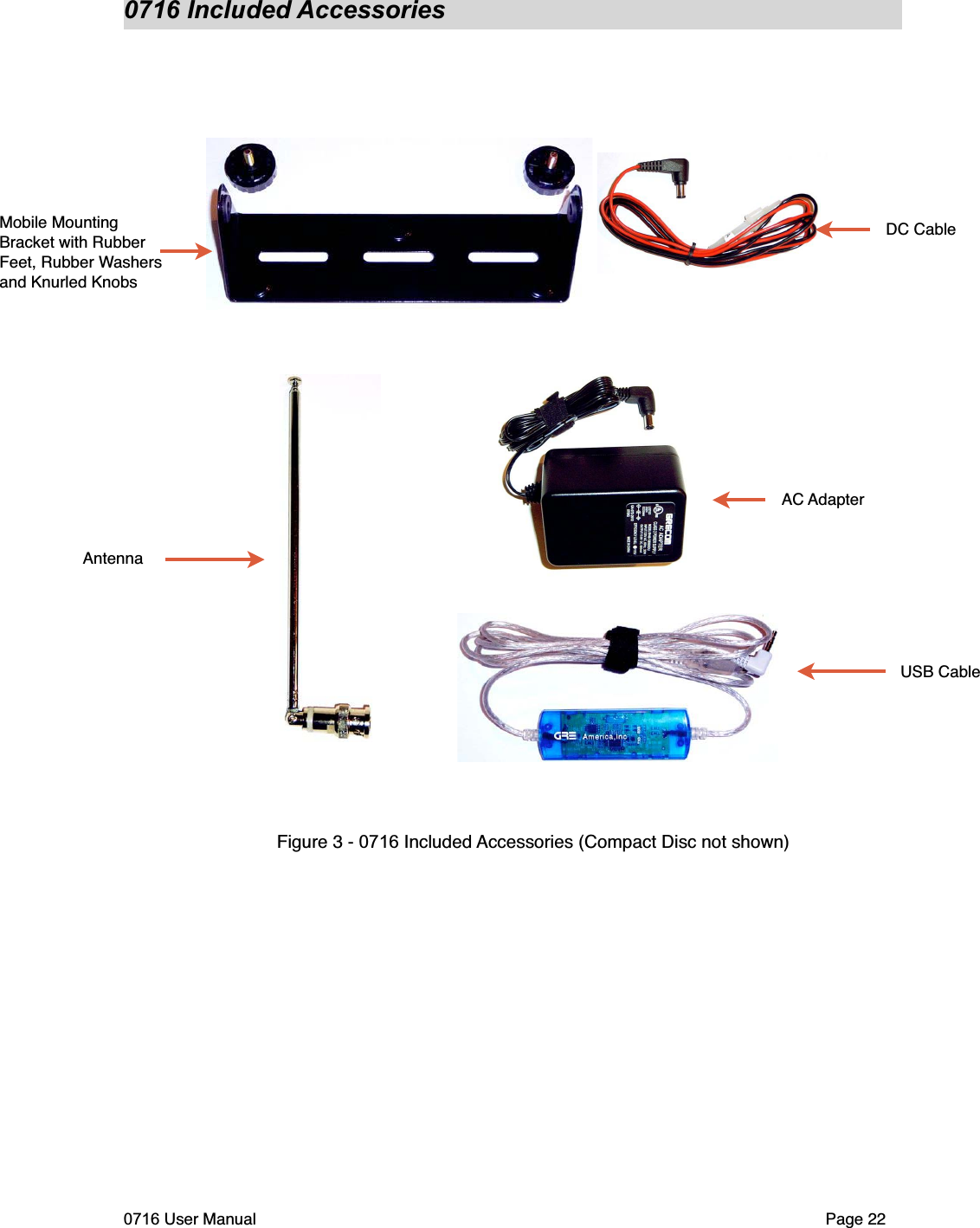 0716 Included AccessoriesFigure 3 - 0716 Included Accessories (Compact Disc not shown)0716 User Manual  Page 22AntennaMobile Mounting Bracket with Rubber Feet, Rubber Washersand Knurled KnobsUSB CableAC AdapterDC Cable