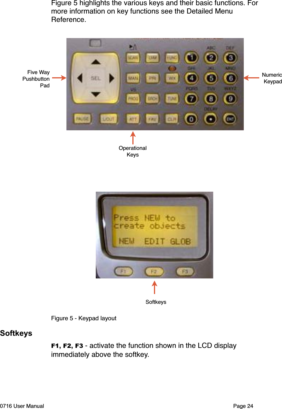 Figure 5 highlights the various keys and their basic functions. Formore information on key functions see the Detailed Menu Reference.Figure 5 - Keypad layoutSoftkeysF1,F2,F3 - activate the function shown in the LCD display immediately above the softkey.0716 User Manual  Page 24Five WayPushbuttonPadOperationalKeysSoftkeysNumericKeypad