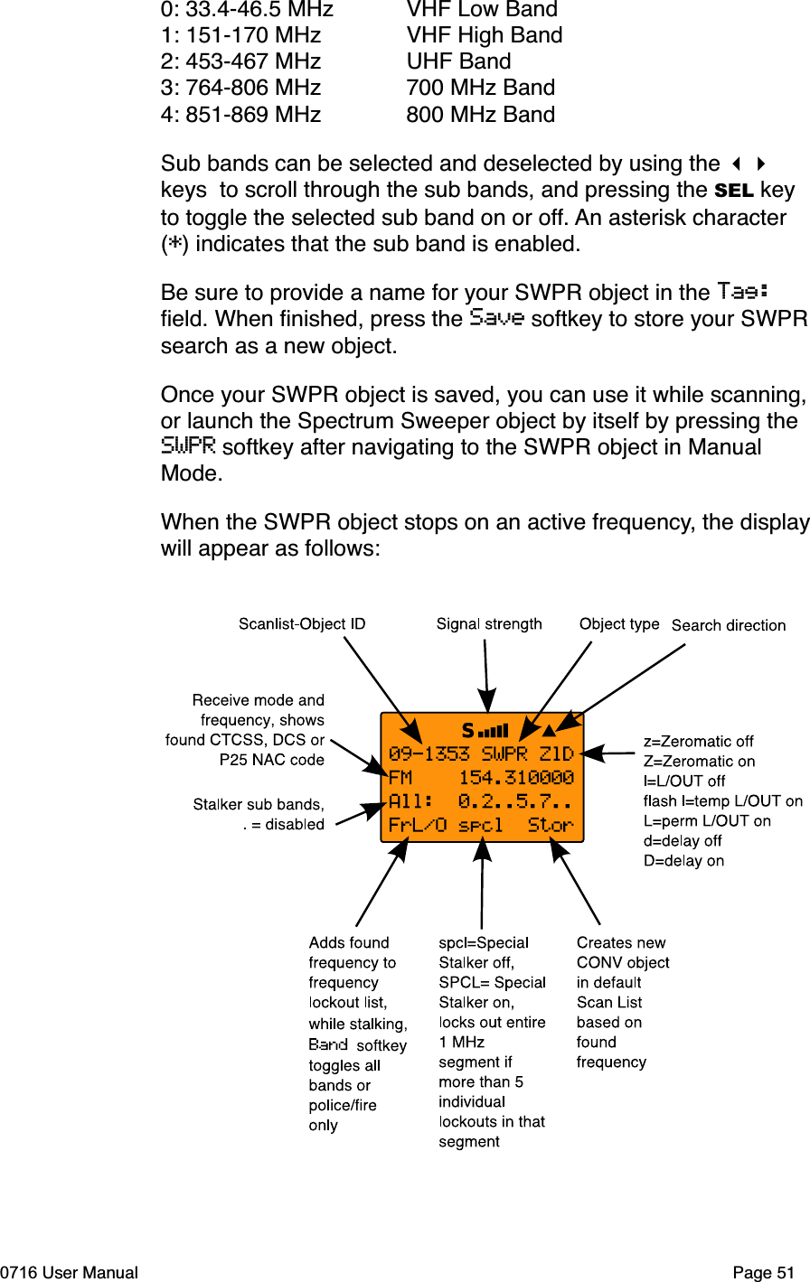 0: 33.4-46.5 MHz VHF Low Band1: 151-170 MHz  VHF High Band2: 453-467 MHz  UHF Band3: 764-806 MHz  700 MHz Band4: 851-869 MHz  800 MHz BandSub bands can be selected and deselected by using the keys  to scroll through the sub bands, and pressing the SEL key to toggle the selected sub band on or off. An asterisk character (*) indicates that the sub band is enabled.Be sure to provide a name for your SWPR object in the Tag:ﬁeld. When ﬁnished, press the Save softkey to store your SWPRsearch as a new object.Once your SWPR object is saved, you can use it while scanning,or launch the Spectrum Sweeper object by itself by pressing the SWPR softkey after navigating to the SWPR object in Manual Mode.When the SWPR object stops on an active frequency, the displaywill appear as follows:0716 User Manual Page 51
