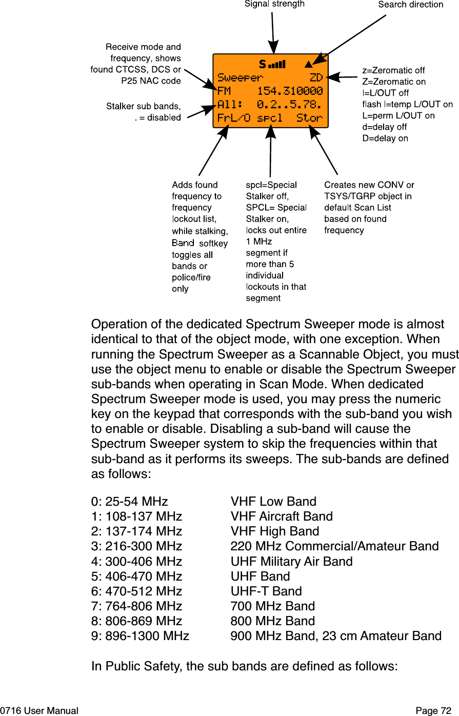 Operation of the dedicated Spectrum Sweeper mode is almost identical to that of the object mode, with one exception. When running the Spectrum Sweeper as a Scannable Object, you mustuse the object menu to enable or disable the Spectrum Sweeper sub-bands when operating in Scan Mode. When dedicated Spectrum Sweeper mode is used, you may press the numeric key on the keypad that corresponds with the sub-band you wish to enable or disable. Disabling a sub-band will cause the Spectrum Sweeper system to skip the frequencies within thatsub-band as it performs its sweeps. The sub-bands are deﬁned as follows:0: 25-54 MHz  VHF Low Band1: 108-137 MHz  VHF Aircraft Band2: 137-174 MHz  VHF High Band3: 216-300 MHz  220 MHz Commercial/Amateur Band4: 300-406 MHz  UHF Military Air Band5: 406-470 MHz  UHF Band6: 470-512 MHz  UHF-T Band7: 764-806 MHz  700 MHz Band8: 806-869 MHz  800 MHz Band9: 896-1300 MHz  900 MHz Band, 23 cm Amateur BandIn Public Safety, the sub bands are deﬁned as follows:0716 User Manual Page 72