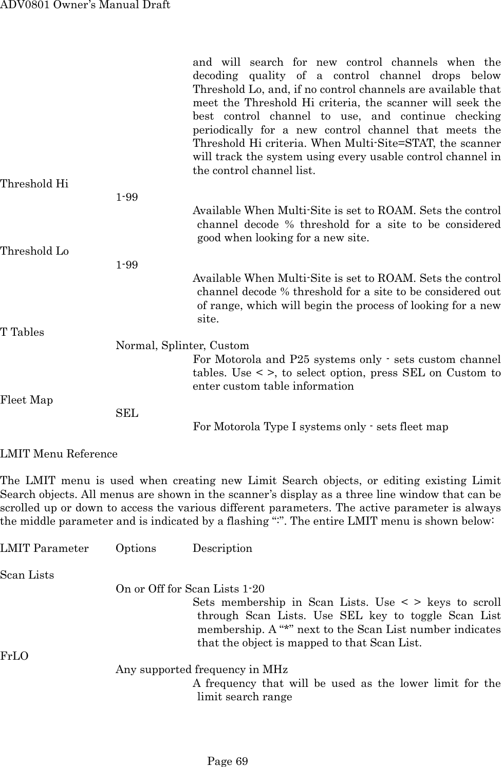 ADV0801 Owner&rsquo;s Manual Draft and will search for new control channels when the decoding quality of a control channel drops below Threshold Lo, and, if no control channels are available that meet the Threshold Hi criteria, the scanner will seek the best control channel to use, and continue checking periodically for a new control channel that meets the Threshold Hi criteria. When Multi-Site=STAT, the scanner will track the system using every usable control channel in the control channel list. Threshold Hi 1-99 Available When Multi-Site is set to ROAM. Sets the control channel decode % threshold for a site to be considered good when looking for a new site. Threshold Lo 1-99 Available When Multi-Site is set to ROAM. Sets the control channel decode % threshold for a site to be considered out of range, which will begin the process of looking for a new site. T Tables Normal, Splinter, Custom For Motorola and P25 systems only - sets custom channel tables. Use < >, to select option, press SEL on Custom to enter custom table information Fleet Map SEL For Motorola Type I systems only - sets fleet map  LMIT Menu Reference  The LMIT menu is used when creating new Limit Search objects, or editing existing Limit Search objects. All menus are shown in the scanner&rsquo;s display as a three line window that can be scrolled up or down to access the various different parameters. The active parameter is always the middle parameter and is indicated by a flashing &ldquo;:&rdquo;. The entire LMIT menu is shown below:  LMIT Parameter  Options  Description  Scan Lists On or Off for Scan Lists 1-20 Sets membership in Scan Lists. Use < > keys to scroll through Scan Lists. Use SEL key to toggle Scan List membership. A &ldquo;*&rdquo; next to the Scan List number indicates that the object is mapped to that Scan List. FrLO Any supported frequency in MHz A frequency that will be used as the lower limit for the limit search range  Page 69 