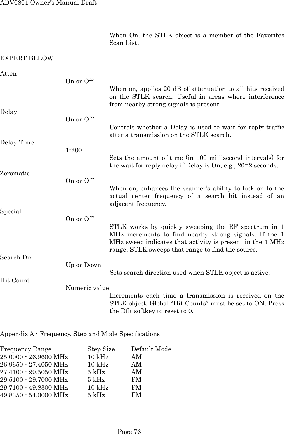 ADV0801 Owner&rsquo;s Manual Draft When On, the STLK object is a member of the Favorites Scan List.  EXPERT BELOW  Atten On or Off When on, applies 20 dB of attenuation to all hits received on the STLK search. Useful in areas where interference from nearby strong signals is present. Delay On or Off Controls whether a Delay is used to wait for reply traffic after a transmission on the STLK search. Delay Time 1-200 Sets the amount of time (in 100 millisecond intervals) for the wait for reply delay if Delay is On, e.g., 20=2 seconds. Zeromatic On or Off When on, enhances the scanner&rsquo;s ability to lock on to the actual center frequency of a search hit instead of an adjacent frequency. Special On or Off STLK works by quickly sweeping the RF spectrum in 1 MHz increments to find nearby strong signals. If the 1 MHz sweep indicates that activity is present in the 1 MHz range, STLK sweeps that range to find the source. Search Dir Up or Down Sets search direction used when STLK object is active. Hit Count Numeric value Increments each time a transmission is received on the STLK object. Global &ldquo;Hit Counts&rdquo; must be set to ON. Press the Dflt softkey to reset to 0.   Appendix A - Frequency, Step and Mode Specifications  Frequency Range    Step Size  Default Mode 25.0000 - 26.9600 MHz  10 kHz   AM 26.9650 - 27.4050 MHz  10 kHz   AM 27.4100 - 29.5050 MHz  5 kHz    AM 29.5100 - 29.7000 MHz  5 kHz    FM 29.7100 - 49.8300 MHz      10 kHz   FM 49.8350 - 54.0000 MHz  5 kHz    FM  Page 76 