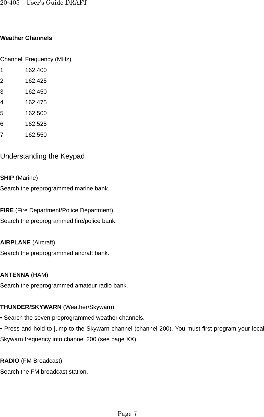 20-405  User&rsquo;s Guide DRAFT Weather Channels  Channel Frequency (MHz) 1 162.400 2 162.425 3 162.450 4 162.475 5 162.500 6 162.525 7 162.550  Understanding the Keypad  SHIP (Marine) Search the preprogrammed marine bank.  FIRE (Fire Department/Police Department) Search the preprogrammed fire/police bank.  AIRPLANE (Aircraft) Search the preprogrammed aircraft bank.  ANTENNA (HAM) Search the preprogrammed amateur radio bank.  THUNDER/SKYWARN (Weather/Skywarn) &bull; Search the seven preprogrammed weather channels. &bull; Press and hold to jump to the Skywarn channel (channel 200). You must first program your local Skywarn frequency into channel 200 (see page XX).  RADIO (FM Broadcast) Search the FM broadcast station.   Page 7 