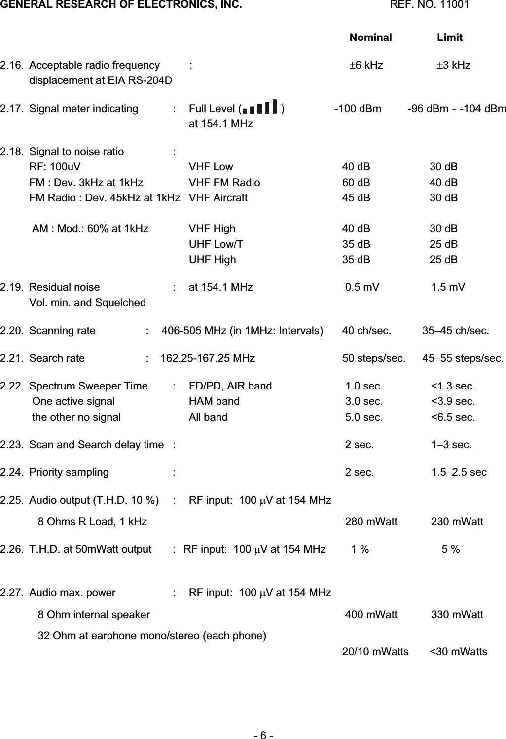 GENERAL RESEARCH OF ELECTRONICS, INC.  REF. NO. 11001- 6 -        Nominal Limit2.16.  Acceptable radio frequency  :   r6 kHz  r3 kHz displacement at EIA RS-204D 2.17.  Signal meter indicating  :  Full Level (             )  -100 dBm    -96 dBm 䇲 -104 dBm     at 154.1 MHz 2.18.  Signal to noise ratio  : RF: 100uV    VHF Low  40 dB  30 dB FM : Dev. 3kHz at 1kHz    VHF FM Radio  60 dB  40 dB FM Radio : Dev. 45kHz at 1kHz  VHF Aircraft  45 dB  30 dB  AM : Mod.: 60% at 1kHz    VHF High  40 dB  30 dB      UHF Low/T  35 dB  25 dB     UHF High  35 dB  25 dB 2.19.  Residual noise  :  at 154.1 MHz  0.5 mV  1.5 mV Vol. min. and Squelched 2.20.  Scanning rate  :  406-505 MHz (in 1MHz: Intervals)  40 ch/sec.  3545 ch/sec. 2.21.  Search rate  :  162.25-167.25 MHz   50 steps/sec.  4555 steps/sec. 2.22.  Spectrum Sweeper Time  :  FD/PD, AIR band   1.0 sec.  <1.3 sec.  One active signal    HAM band   3.0 sec.  <3.9 sec.  the other no signal    All band  5.0 sec.  <6.5 sec. 2.23.  Scan and Search delay time  :    2 sec.  13 sec. 2.24.  Priority sampling  :    2 sec.  1.52.5 sec 2.25.  Audio output (T.H.D. 10 %)  :  RF input:  100 PV at 154 MHz 8 Ohms R Load, 1 kHz      280 mWatt  230 mWatt 2.26.  T.H.D. at 50mWatt output  :   RF input:  100 PV at 154 MHz  1 %  5 %    2.27.  Audio max. power  :  RF input:  100 PV at 154 MHz 8 Ohm internal speaker      400 mWatt  330 mWatt 32 Ohm at earphone mono/stereo (each phone)         20/10 mWatts  <30 mWatts 