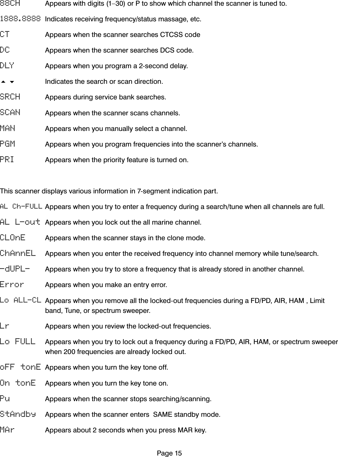 3DJH88CH $SSHDUVZLWKGLJLWV&sup2;RU3WRVKRZZKLFKFKDQQHOWKHVFDQQHULVWXQHGWR1888.8888 ,QGLFDWHVUHFHLYLQJIUHTXHQF\VWDWXVPDVVDJHHWFCT $SSHDUVZKHQWKHVFDQQHUVHDUFKHV&amp;7&amp;66FRGHDC $SSHDUVZKHQWKHVFDQQHUVHDUFKHV'&amp;6FRGHDLY $SSHDUVZKHQ\RXSURJUDPDVHFRQGGHOD\ ,QGLFDWHVWKHVHDUFKRUVFDQGLUHFWLRQSRCH $SSHDUVGXULQJVHUYLFHEDQNVHDUFKHVSCAN $SSHDUVZKHQWKHVFDQQHUVFDQVFKDQQHOVMAN $SSHDUVZKHQ\RXPDQXDOO\VHOHFWDFKDQQHOPGM $SSHDUVZKHQ\RXSURJUDPIUHTXHQFLHVLQWRWKHVFDQQHU&middot;VFKDQQHOVPRI $SSHDUVZKHQWKHSULRULW\IHDWXUHLVWXUQHGRQ7KLVVFDQQHUGLVSOD\VYDULRXVLQIRUPDWLRQLQVHJPHQWLQGLFDWLRQSDUWAL Ch-FULL$SSHDUVZKHQ\RXWU\WRHQWHUDIUHTXHQF\GXULQJDVHDUFKWXQHZKHQDOOFKDQQHOVDUHIXOOAL L-out $SSHDUVZKHQ\RXORFNRXWWKHDOOPDULQHFKDQQHOCLOnE $SSHDUVZKHQWKHVFDQQHUVWD\VLQWKHFORQHPRGHChAnnEL $SSHDUVZKHQ\RXHQWHUWKHUHFHLYHGIUHTXHQF\LQWRFKDQQHOPHPRU\ZKLOHWXQHVHDUFK-dUPL- $SSHDUVZKHQ\RXWU\WRVWRUHDIUHTXHQF\WKDWLVDOUHDG\VWRUHGLQDQRWKHUFKDQQHOError $SSHDUVZKHQ\RXPDNHDQHQWU\HUURULo ALL-CL $SSHDUVZKHQ\RXUHPRYHDOOWKHORFNHGRXWIUHTXHQFLHVGXULQJD)'3'$,5+$0/LPLWEDQG7XQHRUVSHFWUXPVZHHSHULr $SSHDUVZKHQ\RXUHYLHZWKHORFNHGRXWIUHTXHQFLHVLo FULL $SSHDUVZKHQ\RXWU\WRORFNRXWDIUHTXHQF\GXULQJD)'3'$,5+$0RUVSHFWUXPVZHHSHUZKHQIUHTXHQFLHVDUHDOUHDG\ORFNHGRXWoFF tonE $SSHDUVZKHQ\RXWXUQWKHNH\WRQHRIIOn tonE $SSHDUVZKHQ\RXWXUQWKHNH\WRQHRQPu $SSHDUVZKHQWKHVFDQQHUVWRSVVHDUFKLQJVFDQQLQJStAndby $SSHDUVZKHQWKHVFDQQHUHQWHUV6$0(VWDQGE\PRGHMAr $SSHDUVDERXWVHFRQGVZKHQ\RXSUHVV0$5NH\