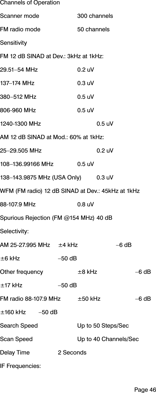 3DJH&amp;KDQQHOVRI2SHUDWLRQ6FDQQHUPRGH  FKDQQHOV)0UDGLRPRGH  FKDQQHOV6HQVLWLYLW\)0G%6,1$'DW'HYN+]DWN+]&sup2;0+]  X9&sup2;0+]   X9&sup2;0+]   X90+]   X90+]   X9$0G%6,1$'DW0RGDWN+]&sup2;0+]   X9&sup2;0+]  X9&sup2;0+]86$2QO\ X9:)0)0UDGLRG%6,1$'DW'HYN+]DWN+]0+]   X96SXULRXV5HMHFWLRQ)0#0+]G%6HOHFWLYLW\$00+] N+]  &sup2;G%N+]  &sup2;G%2WKHUIUHTXHQF\  N+]  &sup2;G%N+]  &sup2;G%)0UDGLR0+] N+]  &sup2;G%N+] &sup2;G%6HDUFK6SHHG  8SWR6WHSV6HF6FDQ6SHHG   8SWR&amp;KDQQHOV6HF'HOD\7LPH  6HFRQGV,))UHTXHQFLHV