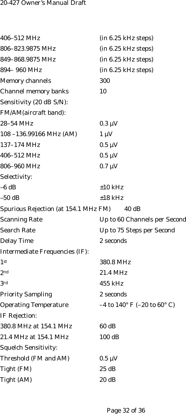 20-427 Owner&rsquo;s Manual Draft 406&ndash;512 MHz      (in 6.25 kHz steps) 806&ndash;823.9875 MHz    (in 6.25 kHz steps) 849&ndash;868.9875 MHz    (in 6.25 kHz steps) 894&ndash; 960 MHz      (in 6.25 kHz steps) Memory channels    300 Channel memory banks    10 Sensitivity (20 dB S/N): FM/AM(aircraft band): 28&ndash;54 MHz   0.3 &micro;V 108 &ndash;136.99166 MHz (AM)  1 &micro;V 137&ndash;174 MHz   0.5 &micro;V 406&ndash;512 MHz   0.5 &micro;V 806&ndash;960 MHz   0.7 &micro;V Selectivity: ‒6 dB    &plusmn;10 kHz ‒50 dB    &plusmn;18 kHz Spurious Rejection (at 154.1 MHz FM)  40 dB Scanning Rate      Up to 60 Channels per Second Search Rate      Up to 75 Steps per Second Delay Time   2 seconds Intermediate Frequencies (IF): 1st    380.8 MHz 2nd    21.4 MHz 3rd    455 kHz Priority Sampling    2 seconds Operating Temperature    &ndash;4 to 140&deg; F (&ndash;20 to 60&deg; C) IF Rejection: 380.8 MHz at 154.1 MHz   60 dB 21.4 MHz at 154.1 MHz    100 dB Squelch Sensitivity: Threshold (FM and AM)    0.5 &micro;V Tight (FM)   25 dB Tight (AM)   20 dB   Page 32 of 36 