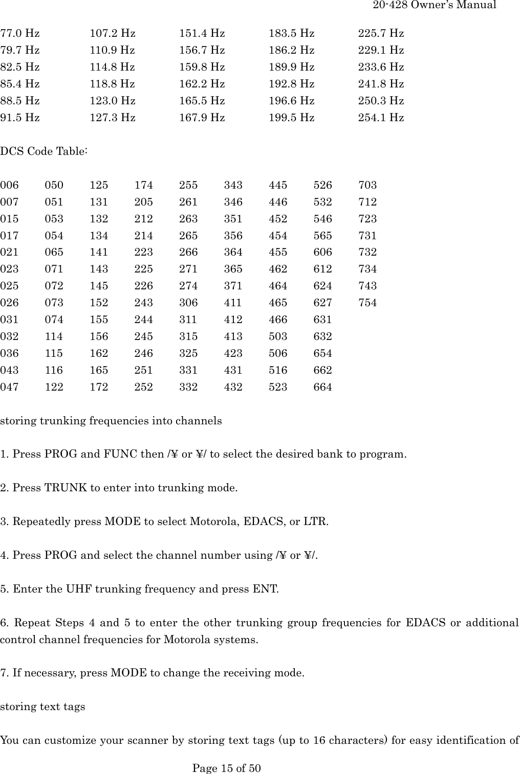     20-428 Owner&rsquo;s Manual   Page 15 of 50   77.0 Hz    107.2 Hz  151.4 Hz  183.5 Hz  225.7 Hz 79.7 Hz    110.9 Hz  156.7 Hz  186.2 Hz  229.1 Hz 82.5 Hz    114.8 Hz  159.8 Hz  189.9 Hz  233.6 Hz 85.4 Hz    118.8 Hz  162.2 Hz  192.8 Hz  241.8 Hz 88.5 Hz    123.0 Hz  165.5 Hz  196.6 Hz  250.3 Hz 91.5 Hz    127.3 Hz  167.9 Hz  199.5 Hz  254.1 Hz  DCS Code Table:  006 050 125 174 255 343 445 526 703 007 051 131 205 261 346 446 532 712 015 053 132 212 263 351 452 546 723 017 054 134 214 265 356 454 565 731 021 065 141 223 266 364 455 606 732 023 071 143 225 271 365 462 612 734 025 072 145 226 274 371 464 624 743 026 073 152 243 306 411 465 627 754 031 074 155 244 311 412 466 631 032 114 156 245 315 413 503 632 036 115 162 246 325 423 506 654 043 116 165 251 331 431 516 662 047 122 172 252 332 432 523 664  storing trunking frequencies into channels  1. Press PROG and FUNC then /&yen; or &yen;/ to select the desired bank to program.  2. Press TRUNK to enter into trunking mode.  3. Repeatedly press MODE to select Motorola, EDACS, or LTR.  4. Press PROG and select the channel number using /&yen; or &yen;/.  5. Enter the UHF trunking frequency and press ENT.  6. Repeat Steps 4 and 5 to enter the other trunking group frequencies for EDACS or additional control channel frequencies for Motorola systems.  7. If necessary, press MODE to change the receiving mode.  storing text tags  You can customize your scanner by storing text tags (up to 16 characters) for easy identification of 