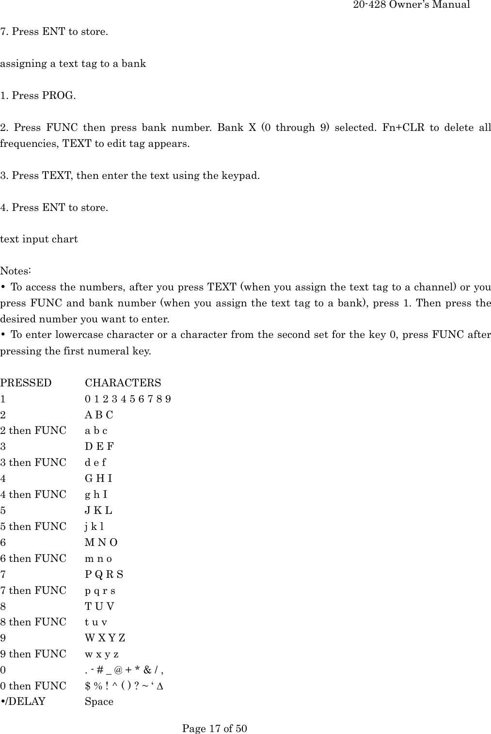     20-428 Owner&rsquo;s Manual   Page 17 of 50   7. Press ENT to store.  assigning a text tag to a bank  1. Press PROG.  2. Press FUNC then press bank number. Bank X (0 through 9) selected. Fn+CLR to delete all frequencies, TEXT to edit tag appears.  3. Press TEXT, then enter the text using the keypad.  4. Press ENT to store.  text input chart  Notes: &bull;  To access the numbers, after you press TEXT (when you assign the text tag to a channel) or you press FUNC and bank number (when you assign the text tag to a bank), press 1. Then press the desired number you want to enter. &bull;  To enter lowercase character or a character from the second set for the key 0, press FUNC after pressing the first numeral key.  PRESSED CHARACTERS 1    0 1 2 3 4 5 6 7 8 9 2    A B C 2 then FUNC  a b c 3    D E F 3 then FUNC  d e f 4    G H I 4 then FUNC  g h I 5    J K L 5 then FUNC  j k l 6   M N O 6 then FUNC  m n o 7    P Q R S 7 then FUNC  p q r s 8   T U V 8 then FUNC  t u v 9   W X Y Z 9 then FUNC  w x y z 0    . - # _ @ + * &amp; / , 0 then FUNC  $ % ! ^ ( ) ? ~ &lsquo; ∆ &bull;/DELAY Space 