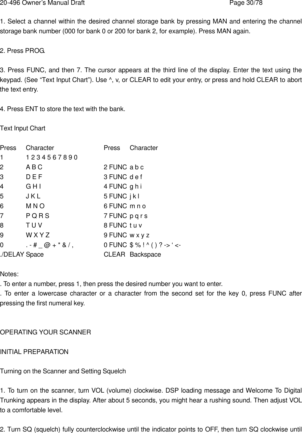 20-496 Owner&rsquo;s Manual Draft    Page 30/78 1. Select a channel within the desired channel storage bank by pressing MAN and entering the channel storage bank number (000 for bank 0 or 200 for bank 2, for example). Press MAN again.  2. Press PROG.  3. Press FUNC, and then 7. The cursor appears at the third line of the display. Enter the text using the keypad. (See &ldquo;Text Input Chart&rdquo;). Use ^, v, or CLEAR to edit your entry, or press and hold CLEAR to abort the text entry.  4. Press ENT to store the text with the bank.  Text Input Chart  Press Character    Press Character 1 1 2 3 4 5 6 7 8 9 0 2 A B C   2 FUNC a b c 3 D E F   3 FUNC d e f 4 G H I   4 FUNC g h i 5 J K L   5 FUNC j k l 6 M N O   6 FUNC m n o 7 P Q R S   7 FUNC p q r s 8 T U V   8 FUNC t u v 9 W X Y Z   9 FUNC w x y z 0 . - # _ @ + * &amp; / ,    0 FUNC $ % ! ^ ( ) ? -> &lsquo; <- ./DELAY Space   CLEAR Backspace  Notes: . To enter a number, press 1, then press the desired number you want to enter. .  To enter a lowercase character or a character from the second set for the key 0, press FUNC after pressing the first numeral key.   OPERATING YOUR SCANNER  INITIAL PREPARATION  Turning on the Scanner and Setting Squelch  1. To turn on the scanner, turn VOL (volume) clockwise. DSP loading message and Welcome To Digital Trunking appears in the display. After about 5 seconds, you might hear a rushing sound. Then adjust VOL to a comfortable level.  2. Turn SQ (squelch) fully counterclockwise until the indicator points to OFF, then turn SQ clockwise until 