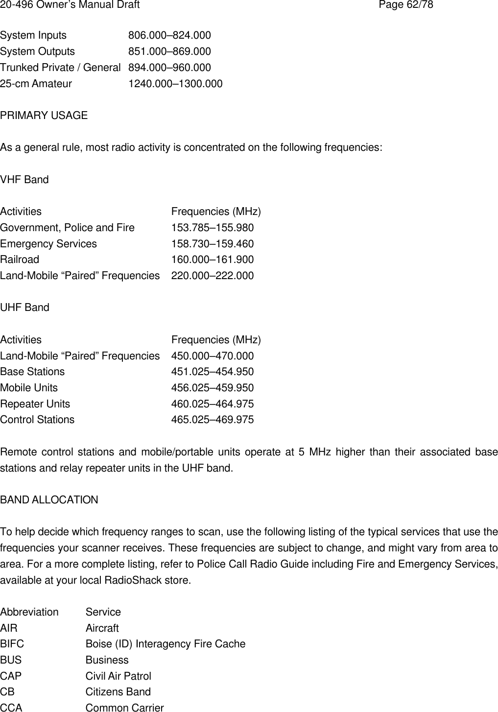 20-496 Owner&rsquo;s Manual Draft    Page 62/78 System Inputs    806.000&ndash;824.000 System Outputs    851.000&ndash;869.000 Trunked Private / General 894.000&ndash;960.000 25-cm Amateur    1240.000&ndash;1300.000  PRIMARY USAGE  As a general rule, most radio activity is concentrated on the following frequencies:  VHF Band  Activities    Frequencies (MHz) Government, Police and Fire 153.785&ndash;155.980 Emergency Services    158.730&ndash;159.460 Railroad    160.000&ndash;161.900 Land-Mobile &ldquo;Paired&rdquo; Frequencies 220.000&ndash;222.000  UHF Band  Activities    Frequencies (MHz) Land-Mobile &ldquo;Paired&rdquo; Frequencies 450.000&ndash;470.000 Base Stations   451.025&ndash;454.950 Mobile Units   456.025&ndash;459.950 Repeater Units   460.025&ndash;464.975 Control Stations   465.025&ndash;469.975  Remote control stations and mobile/portable units operate at 5 MHz higher than their associated base stations and relay repeater units in the UHF band.  BAND ALLOCATION  To help decide which frequency ranges to scan, use the following listing of the typical services that use the frequencies your scanner receives. These frequencies are subject to change, and might vary from area to area. For a more complete listing, refer to Police Call Radio Guide including Fire and Emergency Services, available at your local RadioShack store.  Abbreviation Service AIR    Aircraft BIFC    Boise (ID) Interagency Fire Cache BUS    Business CAP    Civil Air Patrol CB    Citizens Band CCA    Common Carrier 