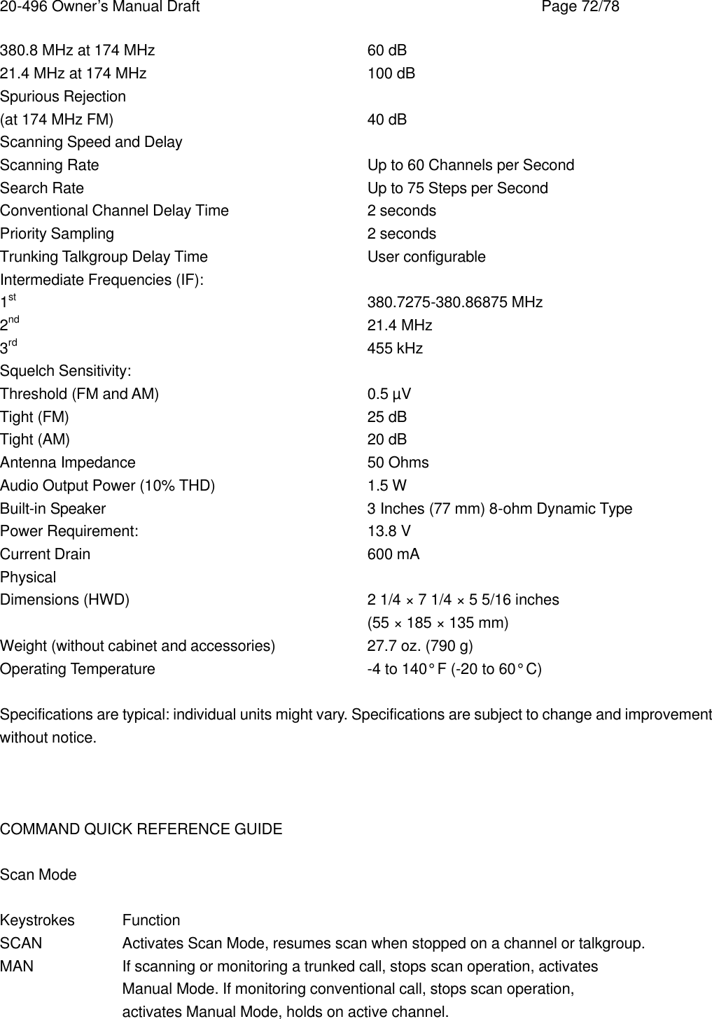 20-496 Owner&rsquo;s Manual Draft    Page 72/78 380.8 MHz at 174 MHz    60 dB 21.4 MHz at 174 MHz    100 dB Spurious Rejection (at 174 MHz FM)     40 dB Scanning Speed and Delay Scanning Rate     Up to 60 Channels per Second Search Rate     Up to 75 Steps per Second Conventional Channel Delay Time   2 seconds Priority Sampling     2 seconds Trunking Talkgroup Delay Time   User configurable Intermediate Frequencies (IF): 1st      380.7275-380.86875 MHz 2nd      21.4 MHz 3rd      455 kHz Squelch Sensitivity: Threshold (FM and AM)    0.5 &micro;V Tight (FM)     25 dB Tight (AM)     20 dB Antenna Impedance    50 Ohms Audio Output Power (10% THD)   1.5 W Built-in Speaker     3 Inches (77 mm) 8-ohm Dynamic Type Power Requirement:    13.8 V Current Drain     600 mA Physical Dimensions (HWD)    2 1/4 &times; 7 1/4 &times; 5 5/16 inches (55 &times; 185 &times; 135 mm) Weight (without cabinet and accessories)    27.7 oz. (790 g) Operating Temperature    -4 to 140&deg; F (-20 to 60&deg; C)  Specifications are typical: individual units might vary. Specifications are subject to change and improvement without notice.    COMMAND QUICK REFERENCE GUIDE  Scan Mode  Keystrokes Function SCAN    Activates Scan Mode, resumes scan when stopped on a channel or talkgroup. MAN    If scanning or monitoring a trunked call, stops scan operation, activates Manual Mode. If monitoring conventional call, stops scan operation, activates Manual Mode, holds on active channel. 