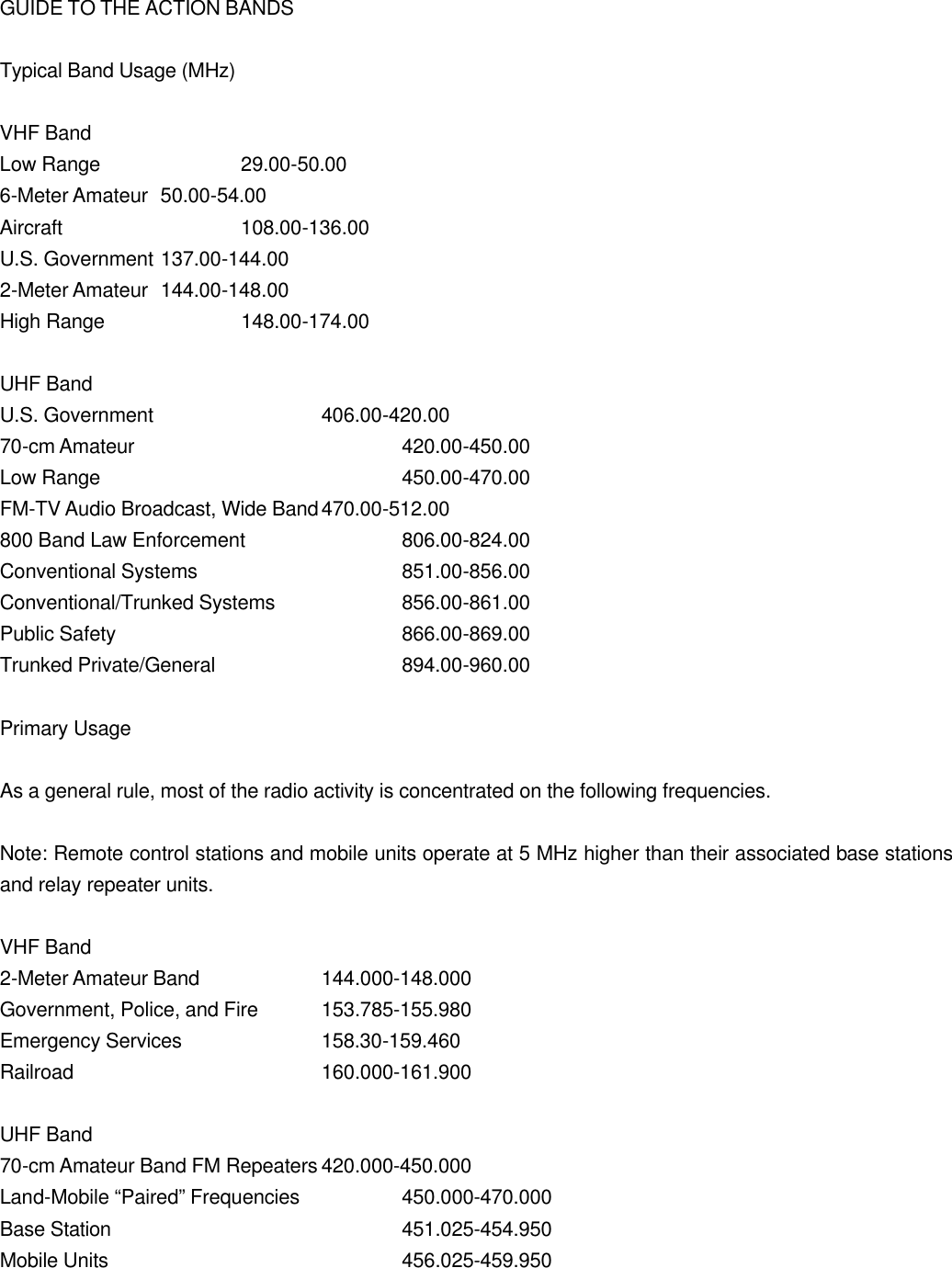 GUIDE TO THE ACTION BANDS  Typical Band Usage (MHz)  VHF Band Low Range    29.00-50.00 6-Meter Amateur 50.00-54.00 Aircraft   108.00-136.00 U.S. Government 137.00-144.00 2-Meter Amateur 144.00-148.00 High Range    148.00-174.00  UHF Band U.S. Government   406.00-420.00 70-cm Amateur    420.00-450.00 Low Range    450.00-470.00 FM-TV Audio Broadcast, Wide Band 470.00-512.00 800 Band Law Enforcement    806.00-824.00 Conventional Systems   851.00-856.00 Conventional/Trunked Systems    856.00-861.00 Public Safety    866.00-869.00 Trunked Private/General   894.00-960.00  Primary Usage  As a general rule, most of the radio activity is concentrated on the following frequencies.  Note: Remote control stations and mobile units operate at 5 MHz higher than their associated base stations and relay repeater units.  VHF Band 2-Meter Amateur Band    144.000-148.000 Government, Police, and Fire 153.785-155.980 Emergency Services    158.30-159.460 Railroad    160.000-161.900  UHF Band 70-cm Amateur Band FM Repeaters 420.000-450.000 Land-Mobile &ldquo;Paired&rdquo; Frequencies    450.000-470.000 Base Station    451.025-454.950 Mobile Units    456.025-459.950 