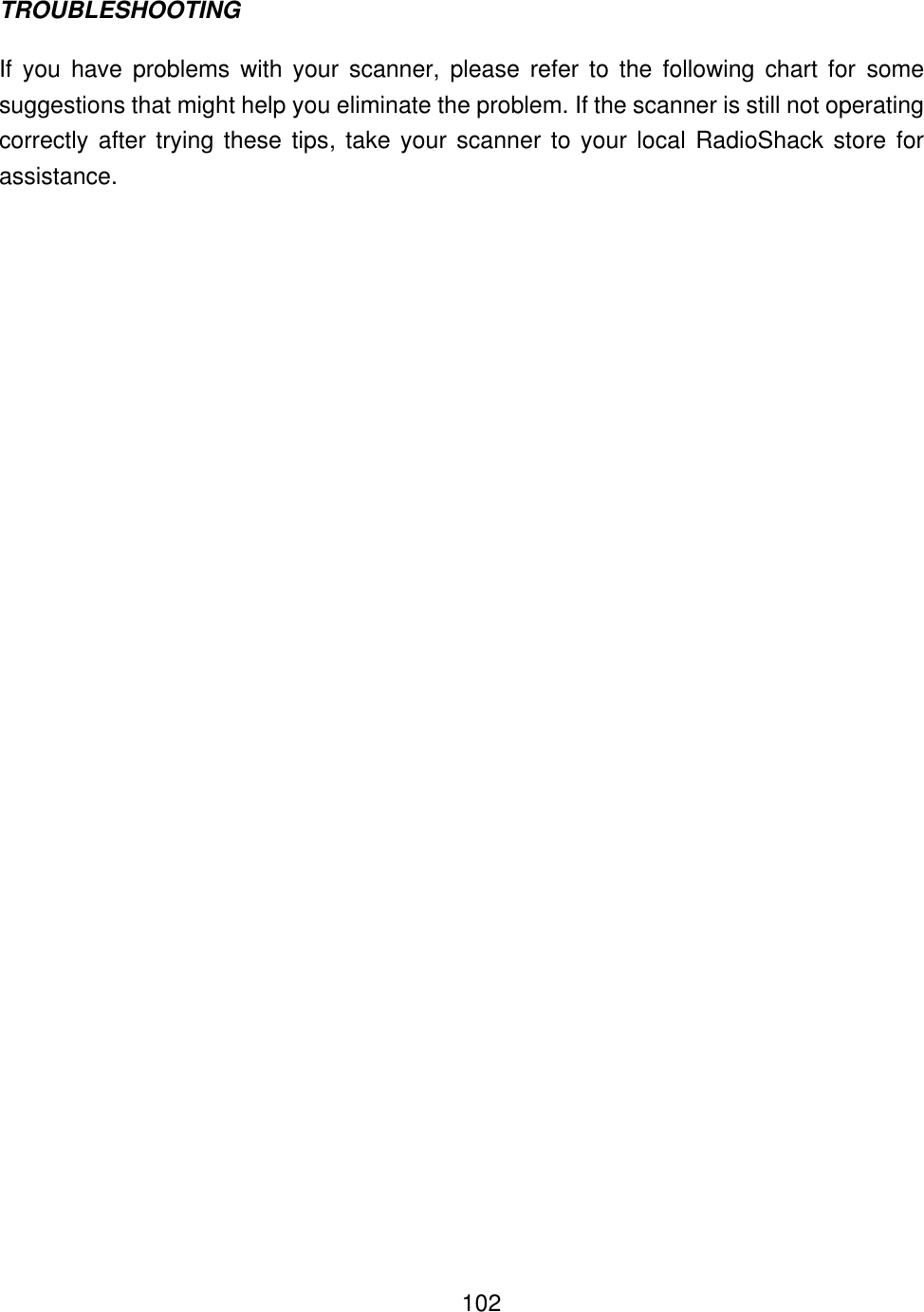    102TROUBLESHOOTING If you have problems with your scanner, please refer to the following chart for some suggestions that might help you eliminate the problem. If the scanner is still not operating correctly after trying these tips, take your scanner to your local RadioShack store for assistance. 