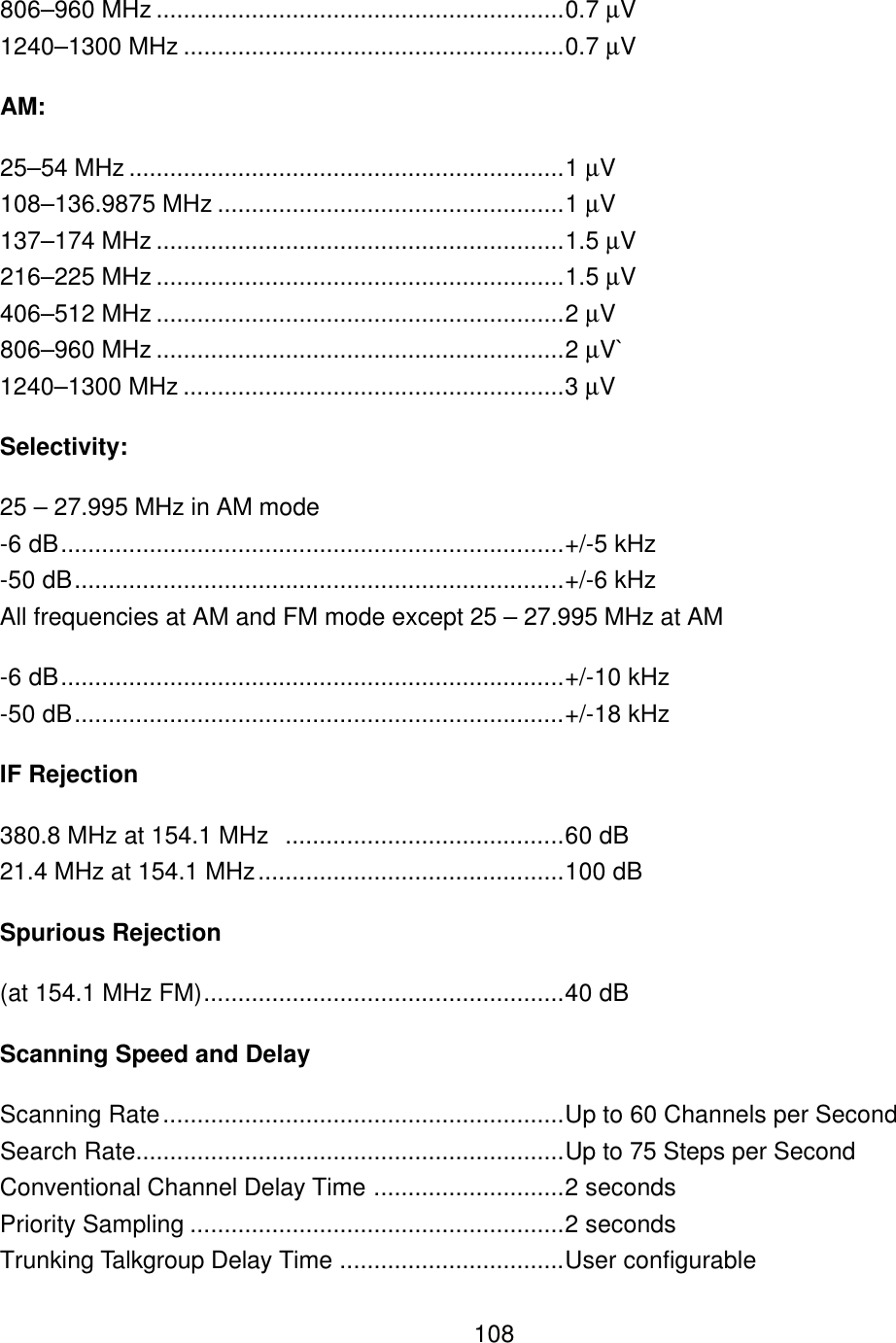    108806&ndash;960 MHz ............................................................0.7 &micro;V 1240&ndash;1300 MHz ........................................................0.7 &micro;V AM: 25&ndash;54 MHz ................................................................1 &micro;V 108&ndash;136.9875 MHz ...................................................1 &micro;V 137&ndash;174 MHz ............................................................1.5 &micro;V 216&ndash;225 MHz ............................................................1.5 &micro;V 406&ndash;512 MHz ............................................................2 &micro;V 806&ndash;960 MHz ............................................................2 &micro;V` 1240&ndash;1300 MHz ........................................................3 &micro;V Selectivity: 25 &ndash; 27.995 MHz in AM mode -6 dB..........................................................................+/-5 kHz -50 dB........................................................................+/-6 kHz All frequencies at AM and FM mode except 25 &ndash; 27.995 MHz at AM -6 dB..........................................................................+/-10 kHz -50 dB........................................................................+/-18 kHz IF Rejection 380.8 MHz at 154.1 MHz  .........................................60 dB 21.4 MHz at 154.1 MHz.............................................100 dB Spurious Rejection   (at 154.1 MHz FM).....................................................40 dB Scanning Speed and Delay Scanning Rate...........................................................Up to 60 Channels per Second Search Rate...............................................................Up to 75 Steps per Second Conventional Channel Delay Time ............................2 seconds Priority Sampling .......................................................2 seconds Trunking Talkgroup Delay Time .................................User configurable 