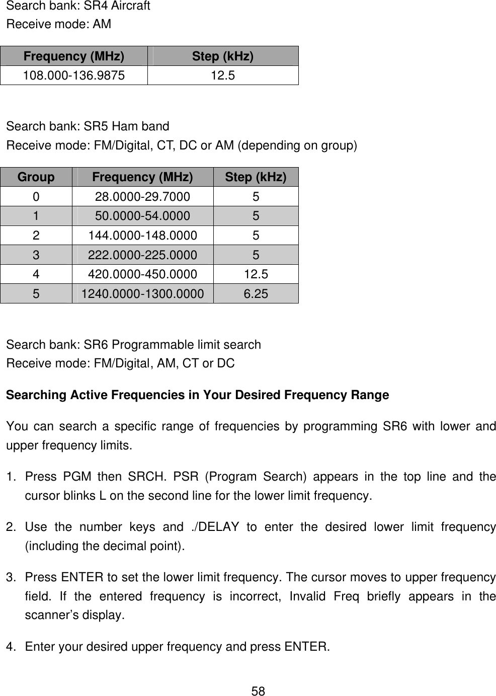    58Search bank: SR4 Aircraft Receive mode: AM Frequency (MHz) Step (kHz) 108.000-136.9875 12.5  Search bank: SR5 Ham band Receive mode: FM/Digital, CT, DC or AM (depending on group) Group Frequency (MHz) Step (kHz) 0 28.0000-29.7000 5 1 50.0000-54.0000 5 2 144.0000-148.0000 5 3 222.0000-225.0000 5 4 420.0000-450.0000 12.5 5 1240.0000-1300.0000 6.25  Search bank: SR6 Programmable limit search Receive mode: FM/Digital, AM, CT or DC Searching Active Frequencies in Your Desired Frequency Range You can search a specific range of frequencies by programming SR6 with lower and upper frequency limits. 1. Press PGM then SRCH. PSR  (Program Search) appears in the top line and the cursor blinks L on the second line for the lower limit frequency. 2. Use the number keys and ./DELAY to enter the desired lower limit frequency (including the decimal point). 3. Press ENTER to set the lower limit frequency. The cursor moves to upper frequency field. If the entered frequency is incorrect, Invalid Freq briefly appears in the scanner&rsquo;s display. 4. Enter your desired upper frequency and press ENTER. 