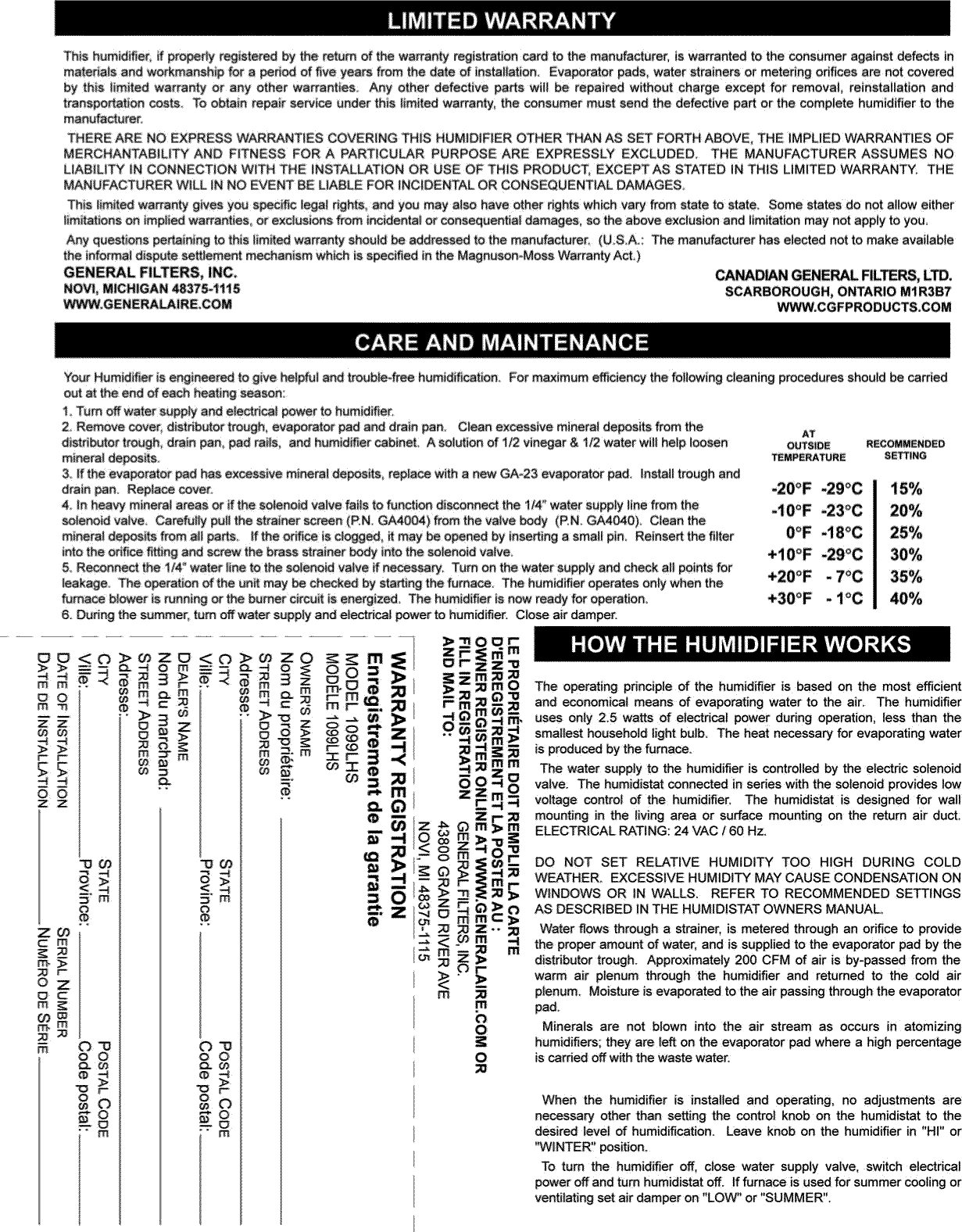 Page 4 of 8 - Generalaire 1099LHS User Manual  HUMIDIFIER - Manuals And Guides L1002568