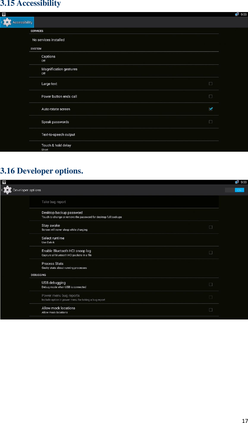  17 3.15 Accessibility   3.16 Developer options.           