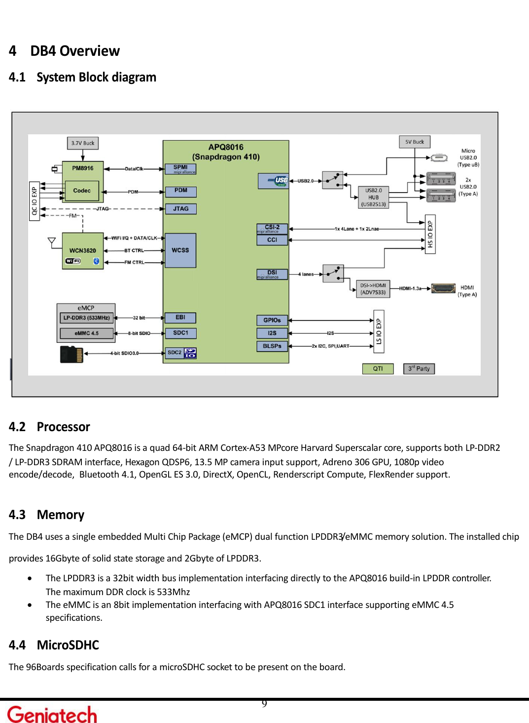     9  4 DB4 Overview  4.1 System Block diagram    4.2 ProcessorThe Snapdragon 410 APQ8016 is a quad 64-bit ARM Cortex-A53 MPcore Harvard Superscalar core, supports both LP-DDR2/ LP-DDR3 SDRAM interface, Hexagon QDSP6, 13.5 MP camera input support, Adreno 306 GPU, 1080p videoencode/decode,  Bluetooth 4.1, OpenGL ES 3.0, DirectX, OpenCL, Renderscript Compute, FlexRender support. 4.3 Memory The DB4 uses a single embedded Multi Chip Package (eMCP) dual function LPDDR3/eMMC memory solution. The installed chip provides 16Gbyte of solid state storage and 2Gbyte of LPDDR3.  The LPDDR3 is a 32bit width bus implementation interfacing directly to the APQ8016 build-in LPDDR controller. The maximum DDR clock is 533Mhz  The eMMC is an 8bit implementation interfacing with APQ8016 SDC1 interface supporting eMMC 4.5 specifications.  4.4 MicroSDHC The 96Boards specification calls for a microSDHC socket to be present on the board. 