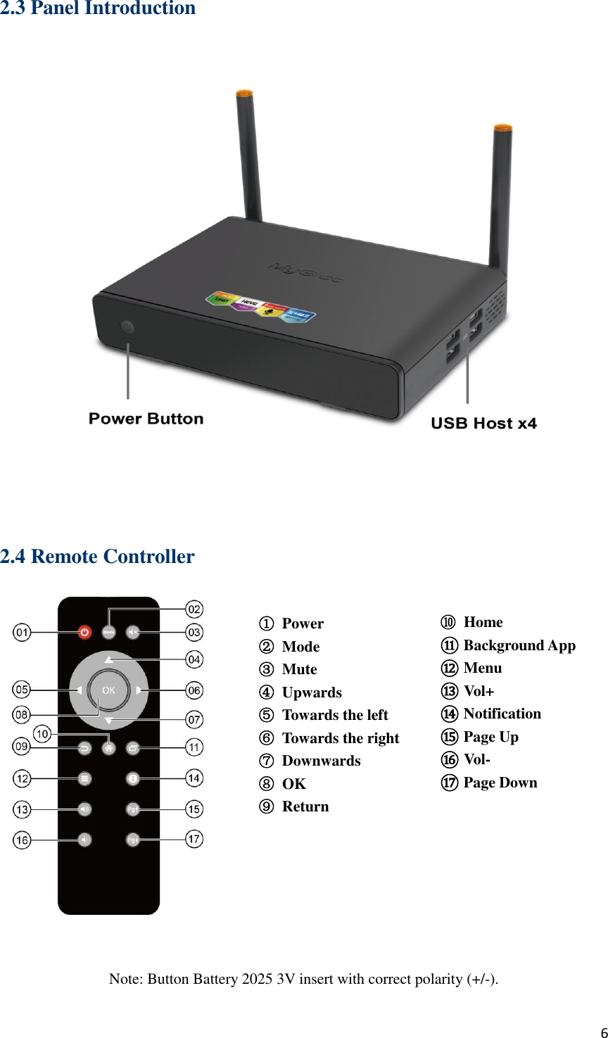  6 2.3 Panel Introduction    2.4 Remote Controller                  Note: Button Battery 2025 3V insert with correct polarity (+/-). ①  Power ②  Mode ③  Mute ④  Upwards ⑤  Towards the left ⑥  Towards the right ⑦  Downwards ⑧ OK   ⑨  Return    ⑩  Home ⑪  Background App ⑫  Menu ⑬  Vol+ ⑭  Notification ⑮  Page Up ⑯  Vol- ⑰  Page Down   