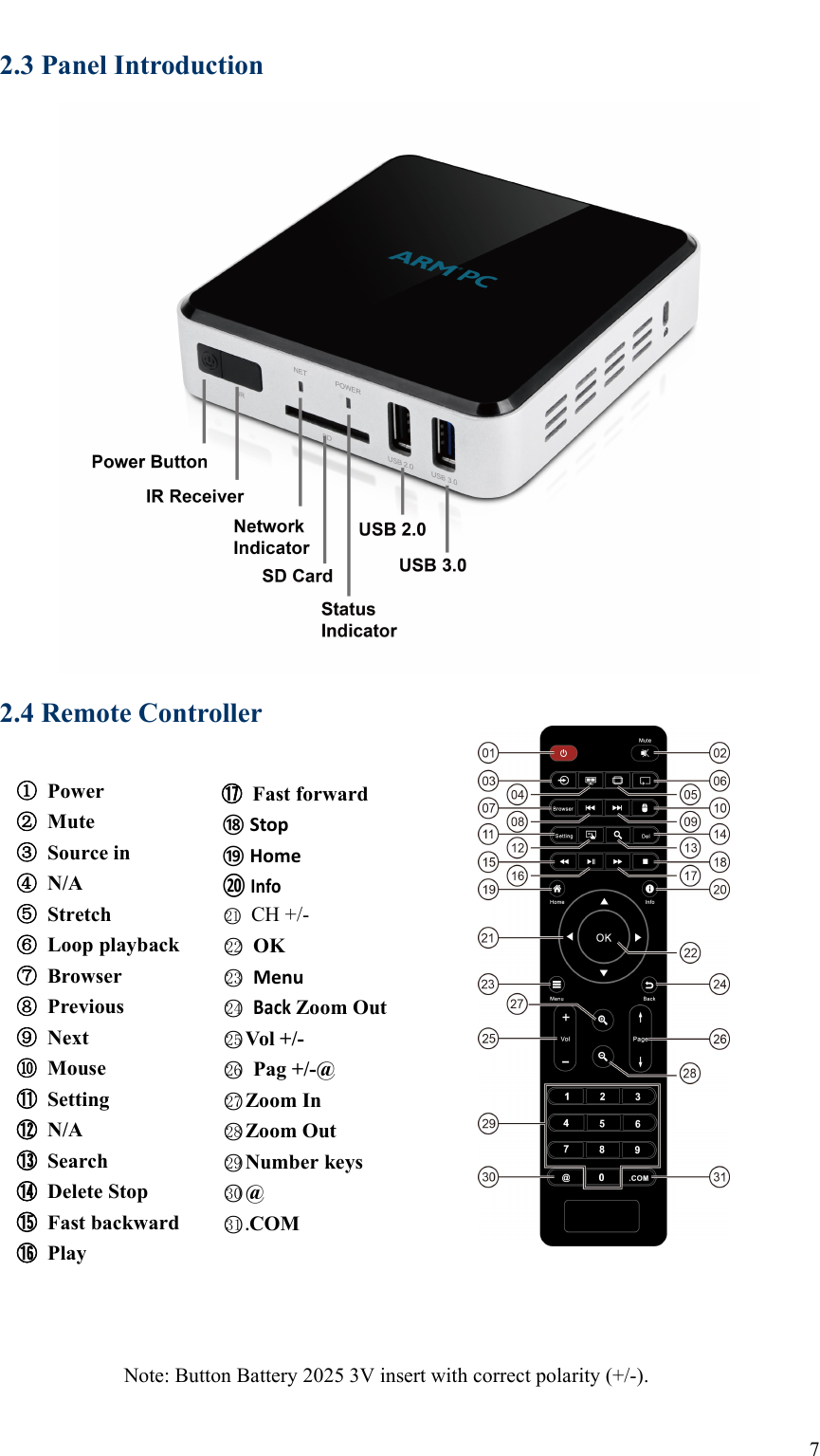 72.3 Panel Introduction2.4 Remote ControllerNote: Button Battery 2025 3V insert with correct polarity (+/-).①Power②Mute③Source in④N/A⑤Stretch⑥Loop playback⑦Browser⑧Previous⑨Next⑩Mouse⑪Setting⑫N/A⑬Search⑭Delete Stop⑮Fast backward⑯Play⑰Fast forward⑱Stop⑲Home⑳ Info○21 CH +/-○22 OK○23 Menu○24BackZoom Out○25 Vol +/-○26 Pag +/-@○27 Zoom In○28 Zoom Out○29 Number keys○30 @○31 .COM