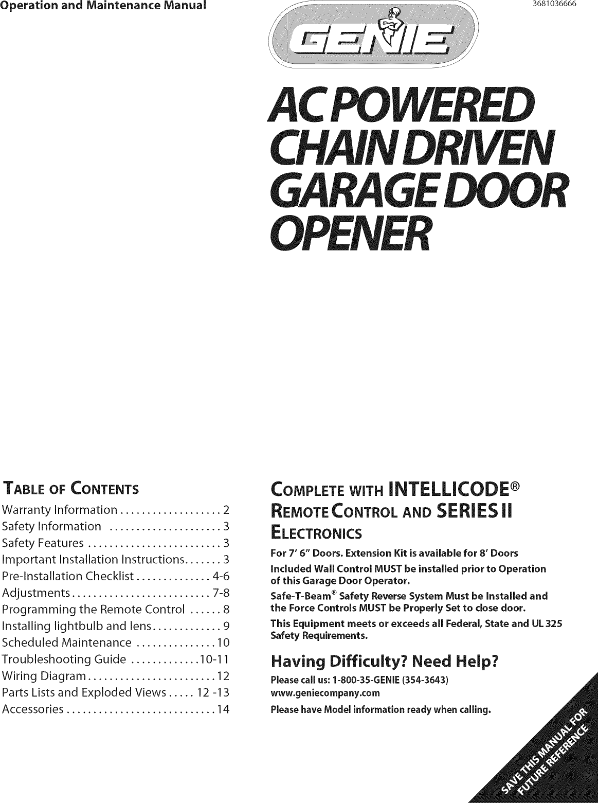 Genie Garage Door Opener 3681036666 Users Manual