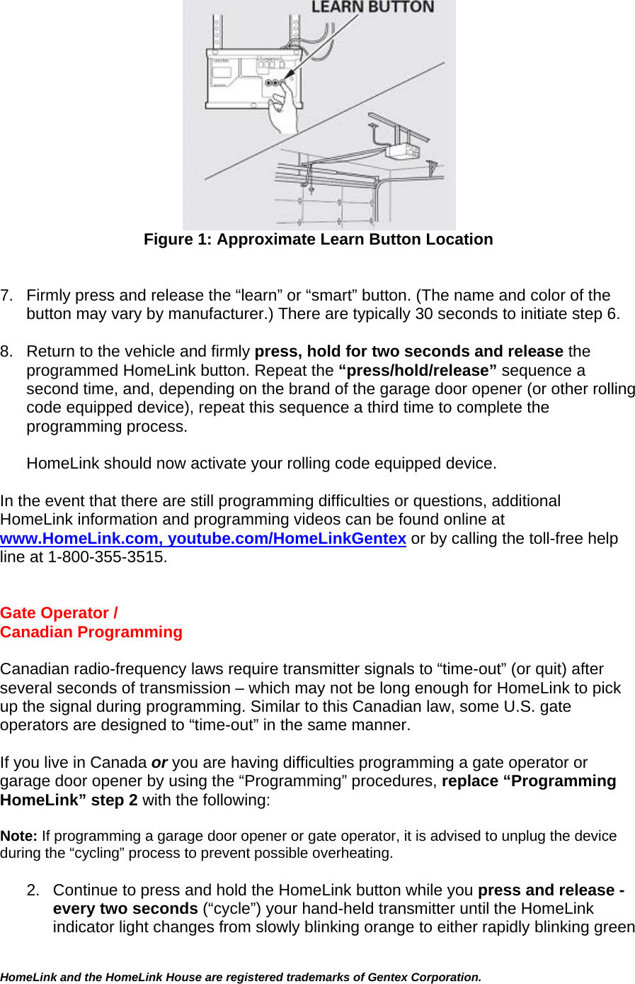 Gentex Luahl5 Universal Garage Door Opener User Manual Homelink