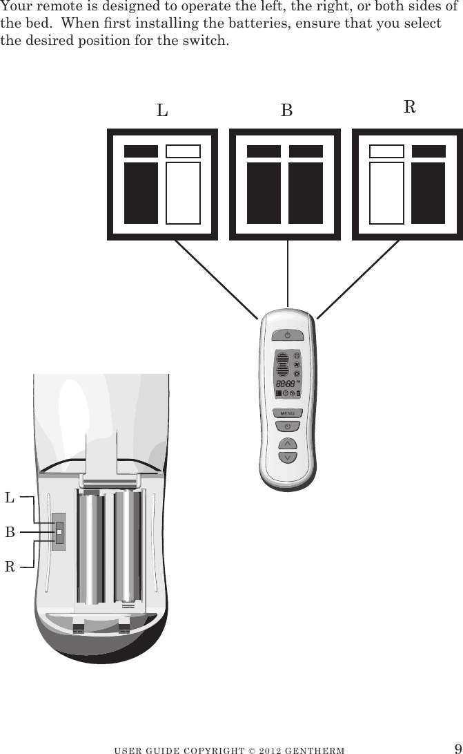 USER GUIDE CopyRIGht © 2012 GENthERM 9Your remote is designed to operate the left, the right, or both sides of the bed.  When rst installing the batteries, ensure that you select the desired position for the switch.L B RLBR
