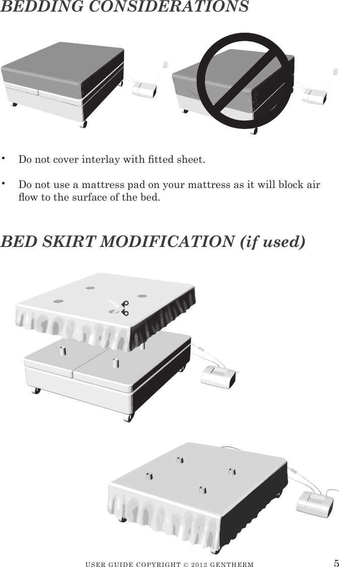 USER GUIDE CopyRIGht © 2012 GENthERM 5BED SKIRT MODIFICATION (if used)•  Do not cover interlay with tted sheet.•  Do not use a mattress pad on your mattress as it will block air ow to the surface of the bed.BEDDING CONSIDERATIONS