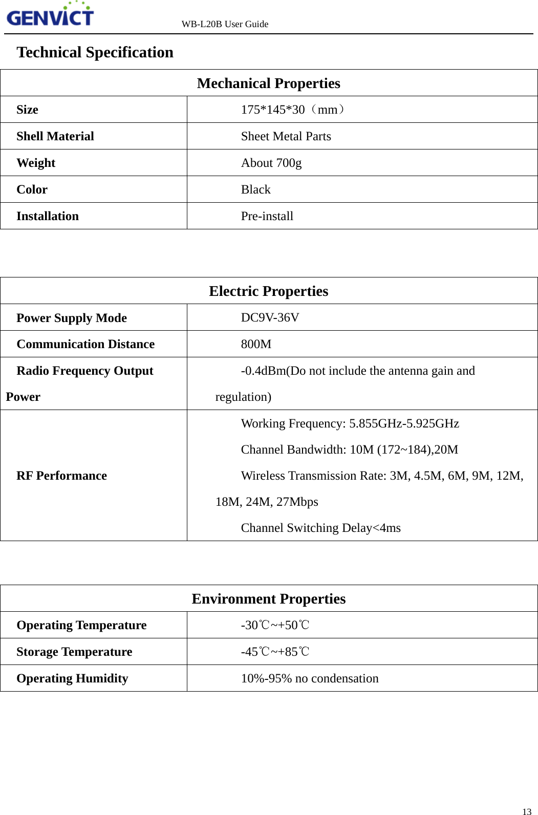                   WB-L20B User Guide 13   Technical Specification Mechanical Properties Size  175*145*30（mm） Shell Material  Sheet Metal Parts Weight  About 700g Color  Black  Installation   Pre-install         Electric Properties Power Supply Mode  DC9V-36V  Communication Distance  800M Radio Frequency Output Power -0.4dBm(Do not include the antenna gain and regulation) RF Performance Working Frequency: 5.855GHz-5.925GHz Channel Bandwidth: 10M (172~184),20M Wireless Transmission Rate: 3M, 4.5M, 6M, 9M, 12M, 18M, 24M, 27Mbps Channel Switching Delay&lt;4ms Environment Properties Operating Temperature  -30℃~+50℃ Storage Temperature  -45℃~+85℃ Operating Humidity  10%-95% no condensation 